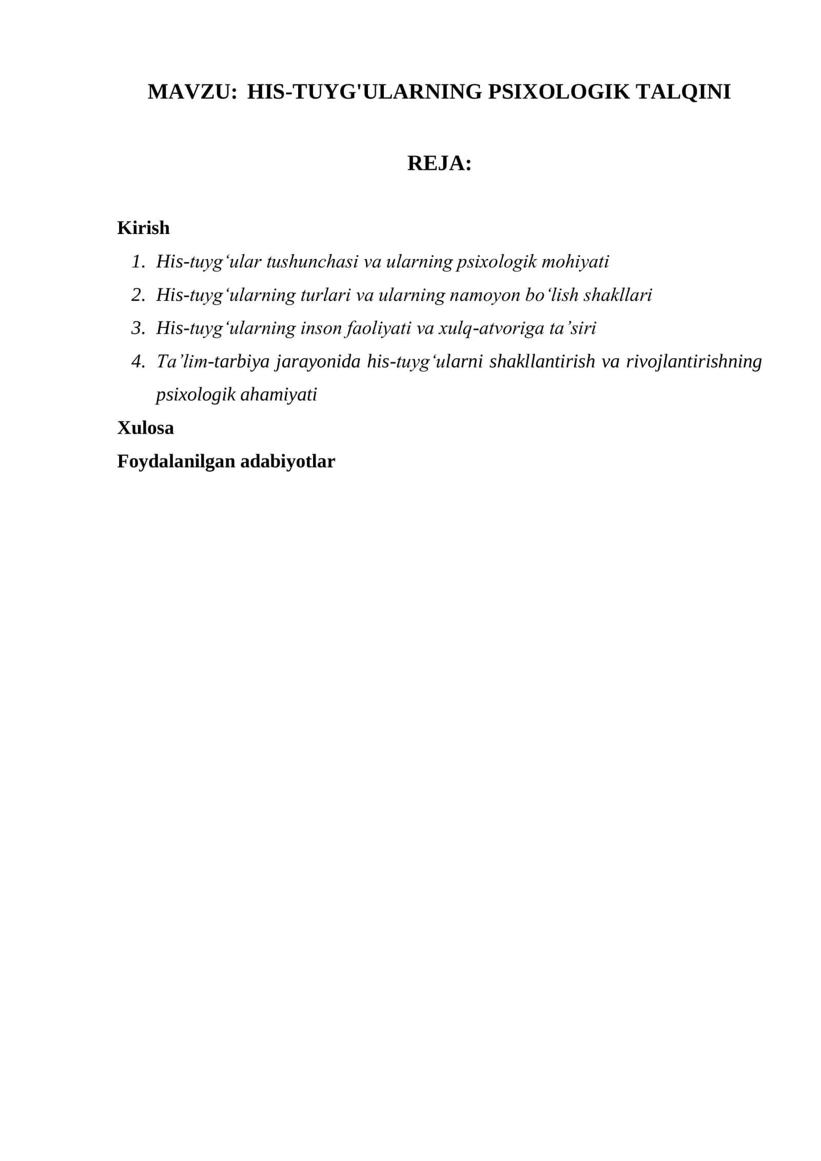 HIS-TUYG'ULARNING PSIXOLOGIK TALQINI