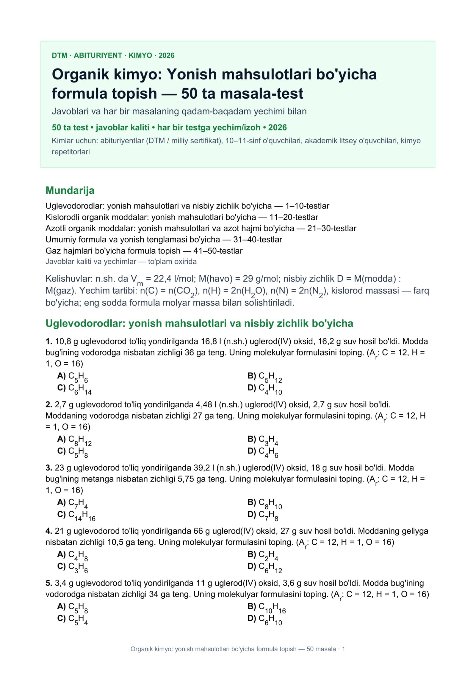 Organik kimyo: yonish mahsulotlari bo'yicha formula topish