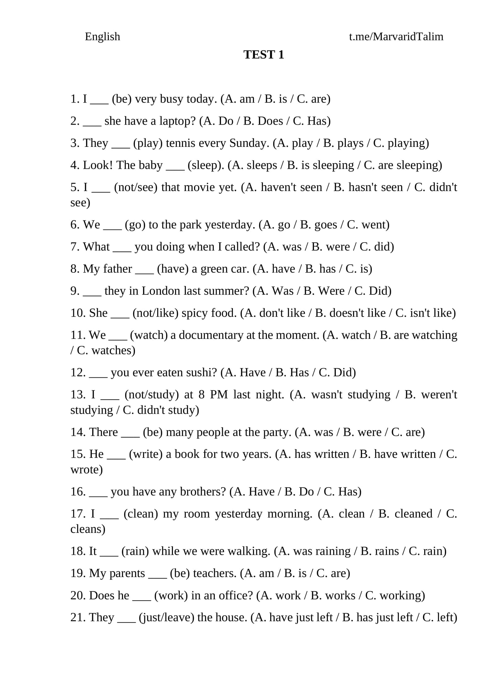 Ingliz tilidan testlar. TEST beginner, elementary Kalitli test