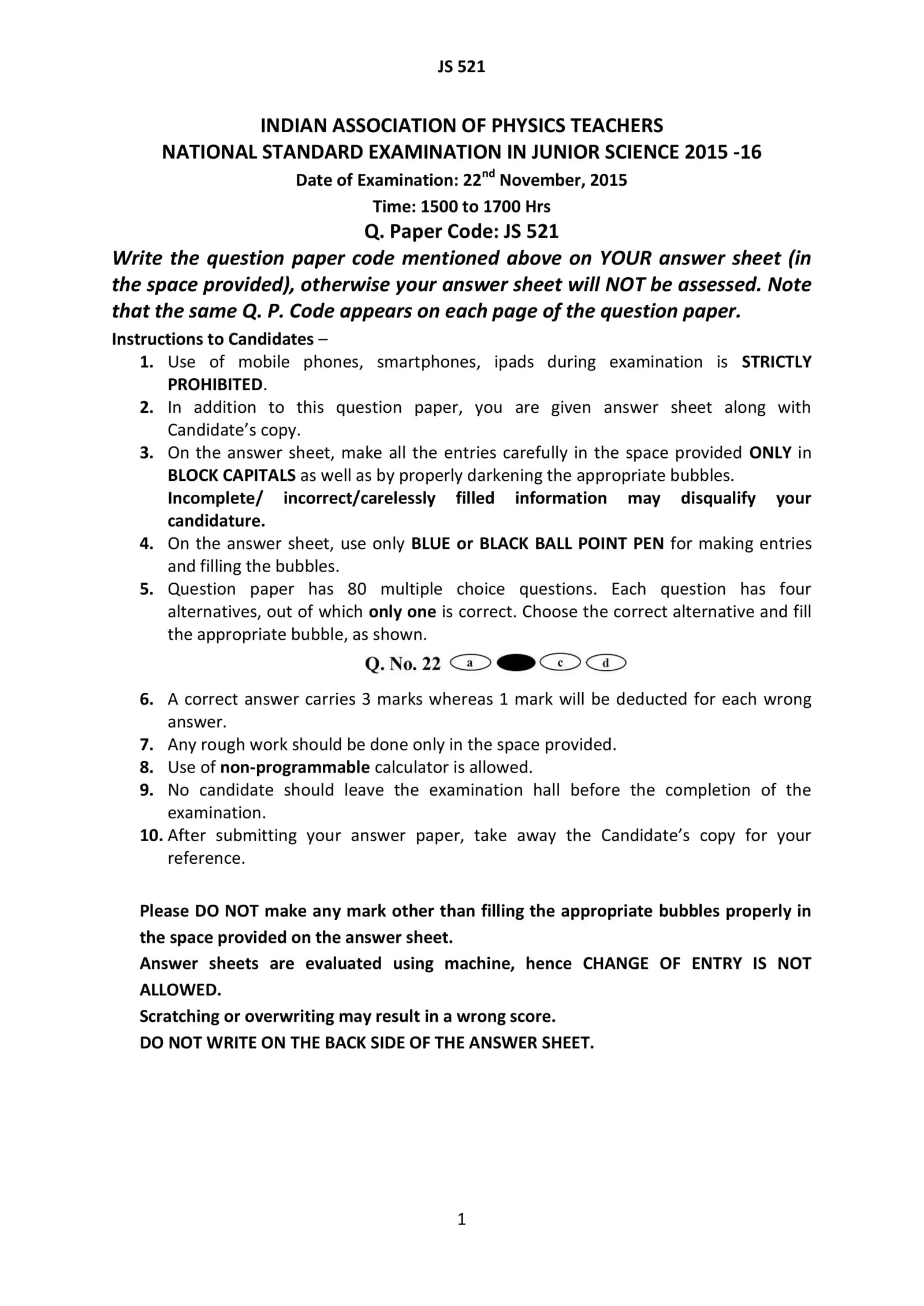 NATIONAL STANDARD EXAMINATION IN JUNIOR SCIENCE 2015 -16
