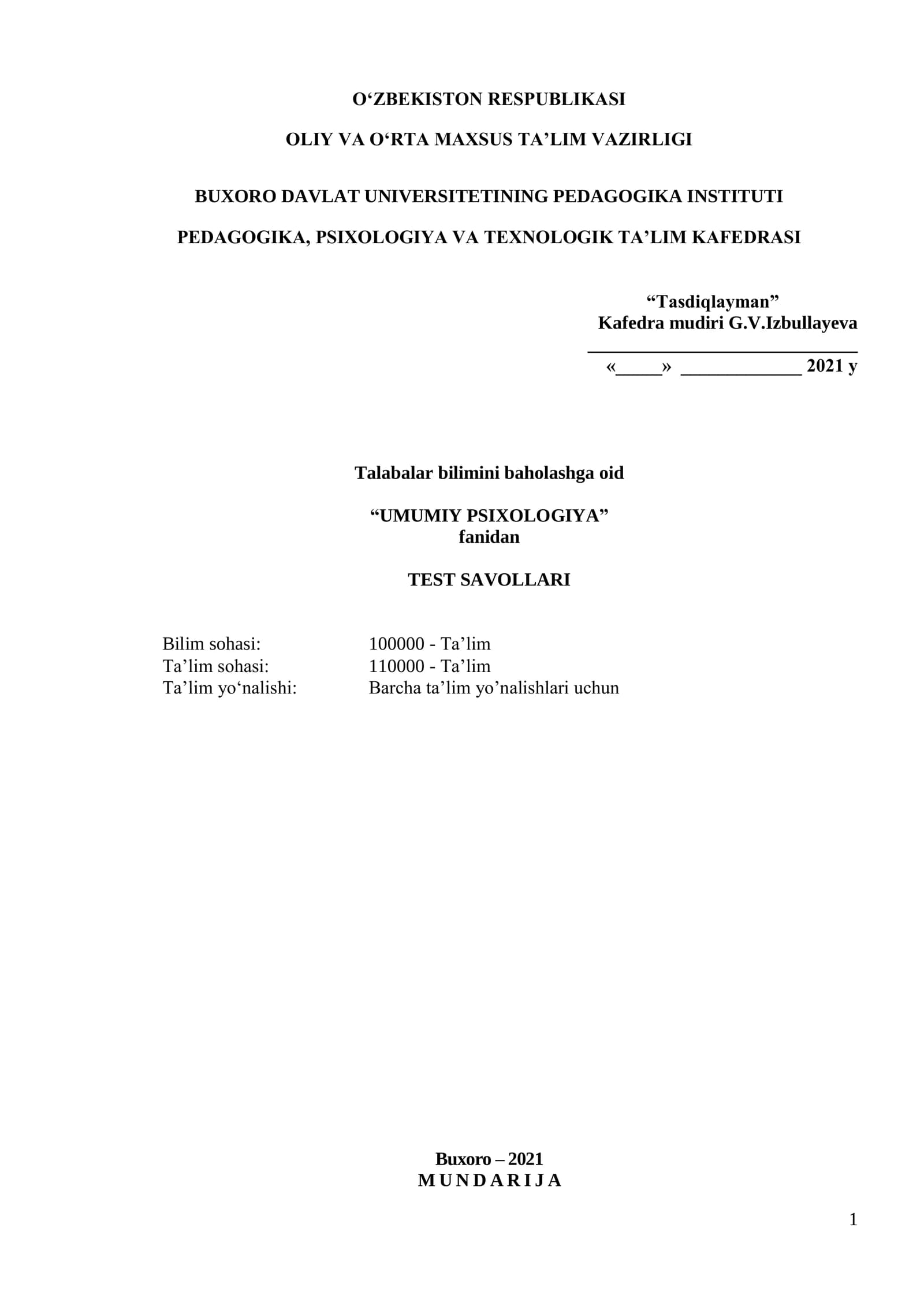 HMQA UMUMIY PSIXOLOGIYA TEST SAVOLLARI
