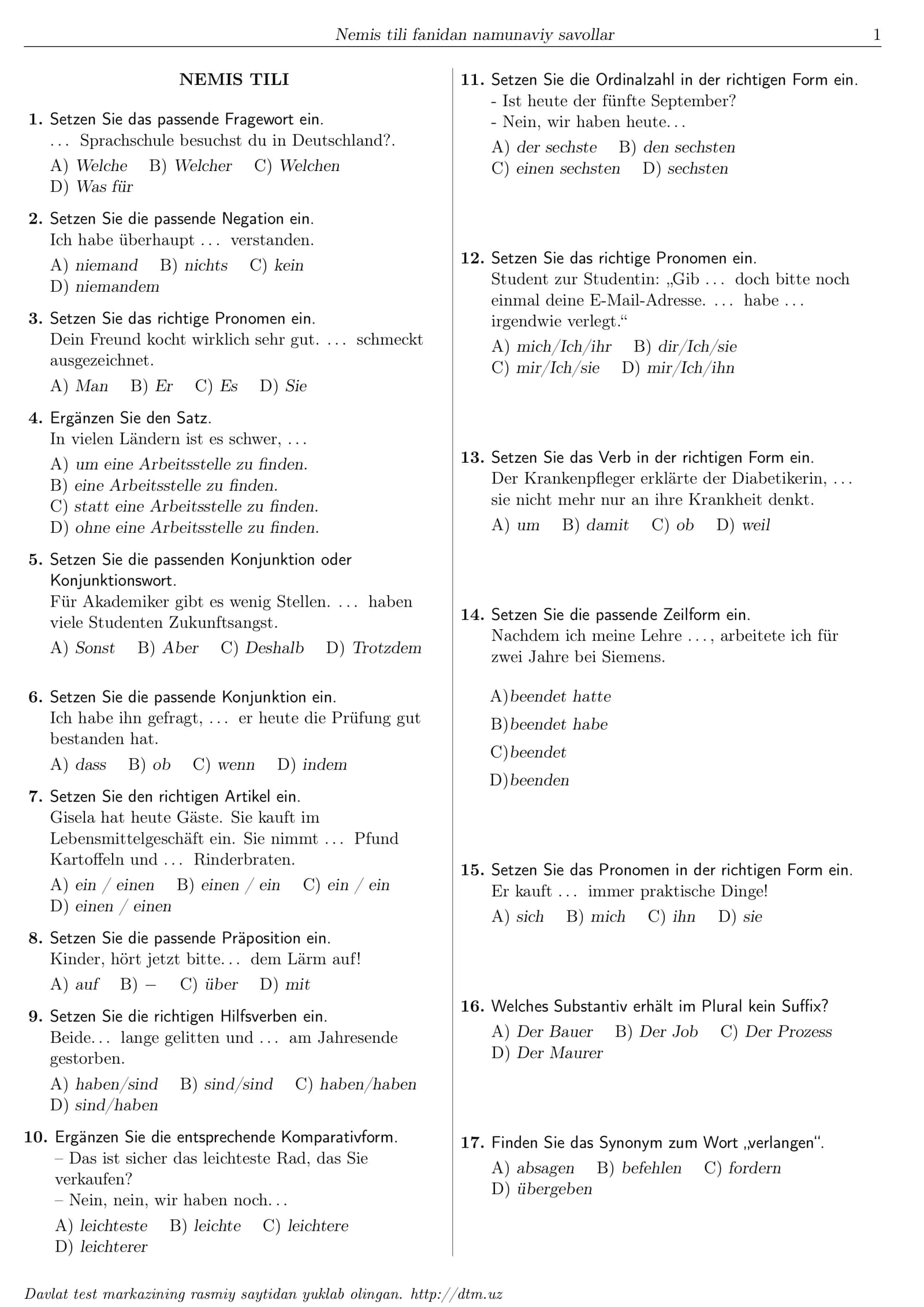 Nemis tili fanidan Dtm namunaviy savollar