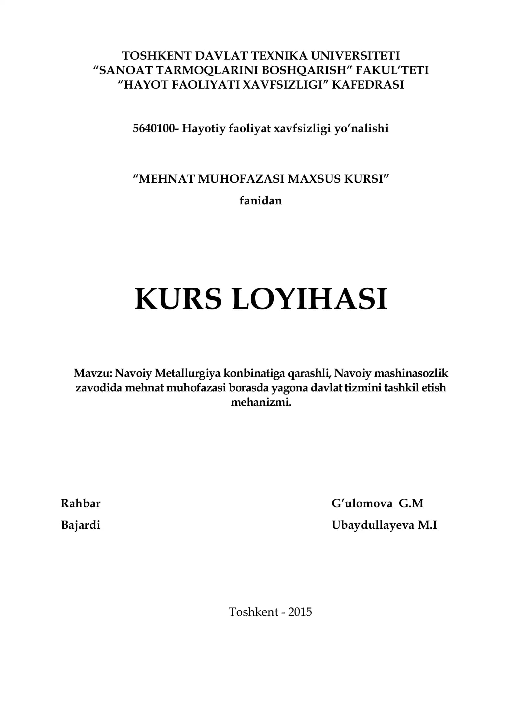 MEHNAT MUHOFAZASI MAXSUS KURSI