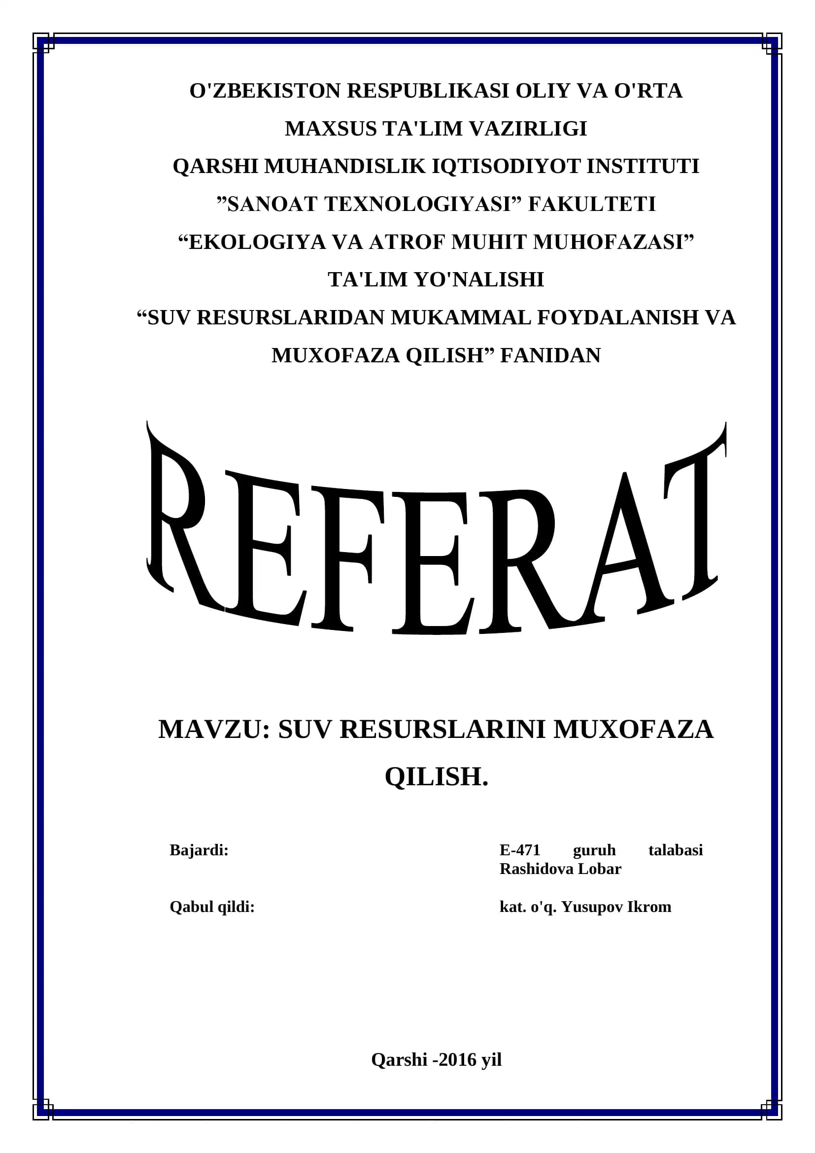 SUV RESURSLARINI MUHOFAZA QILISH