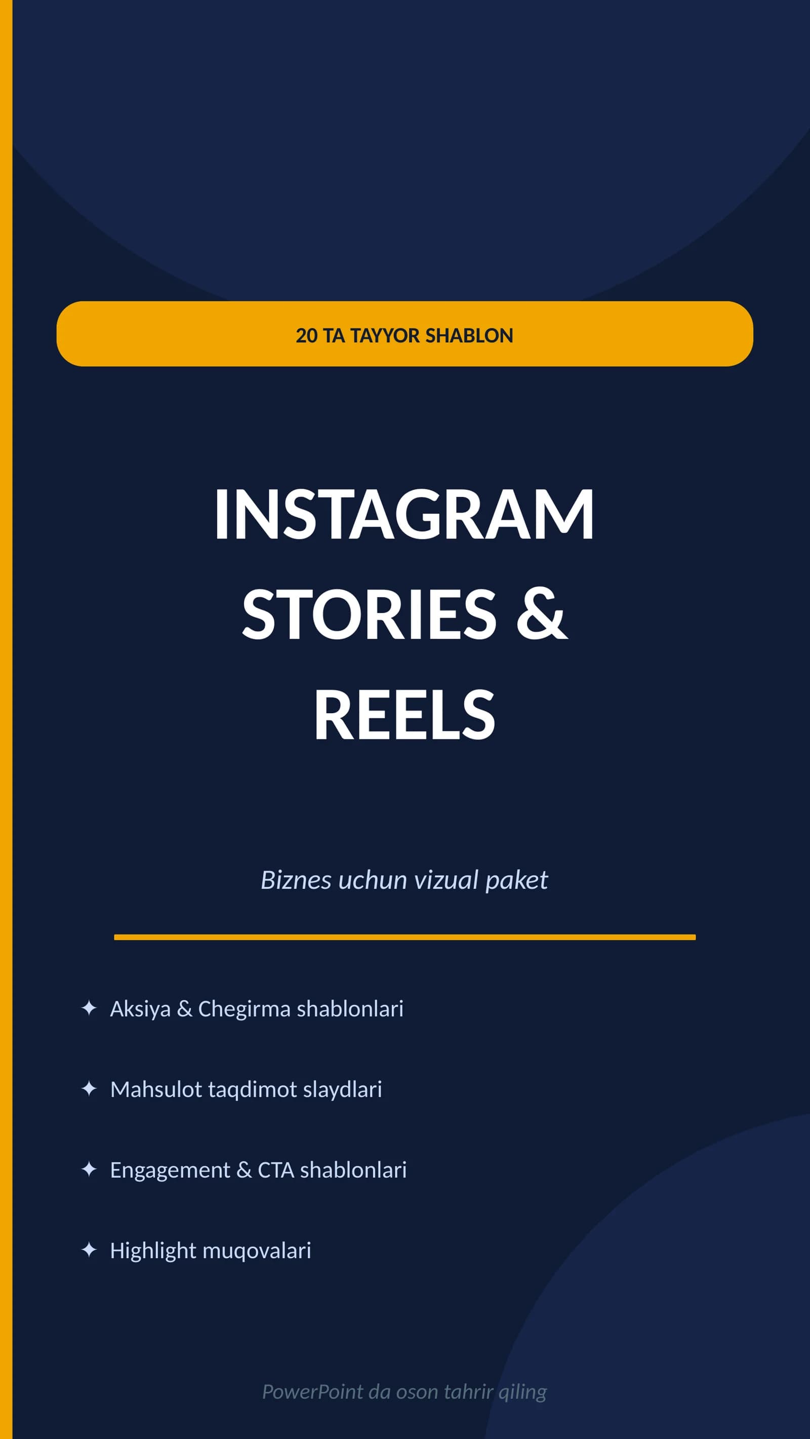 Instagram Stories & Reels Vizual Paketi — 20 ta Tayyor Shablon (Biznes uchun)
