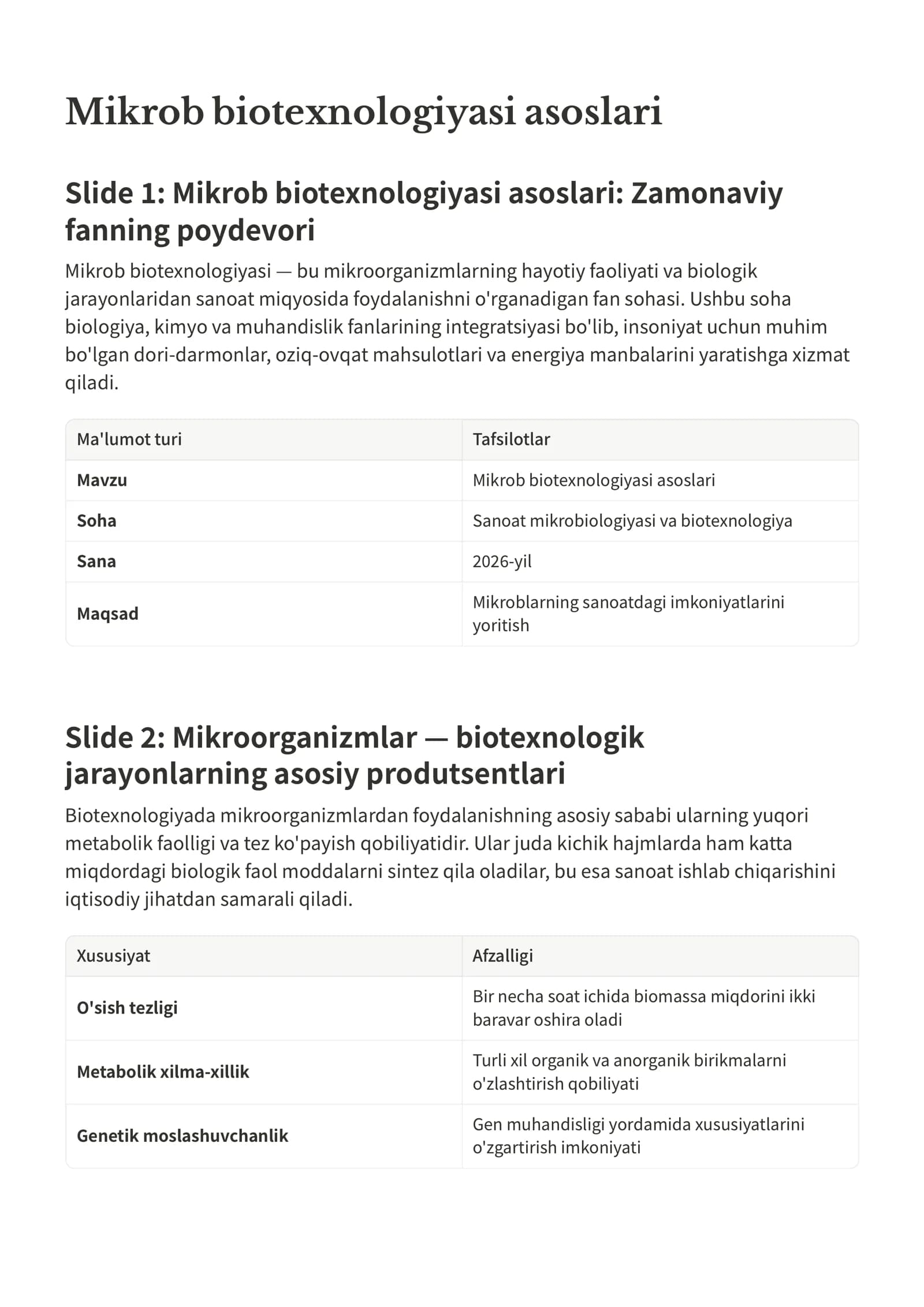 Mikrob biotexnologiyasi asoslari