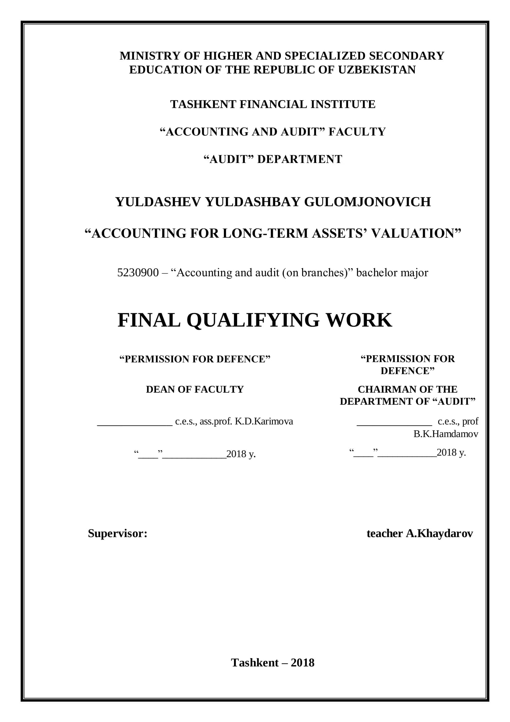 Final Qualifying Work: Accounting for Long-Term Assets’ Valuation