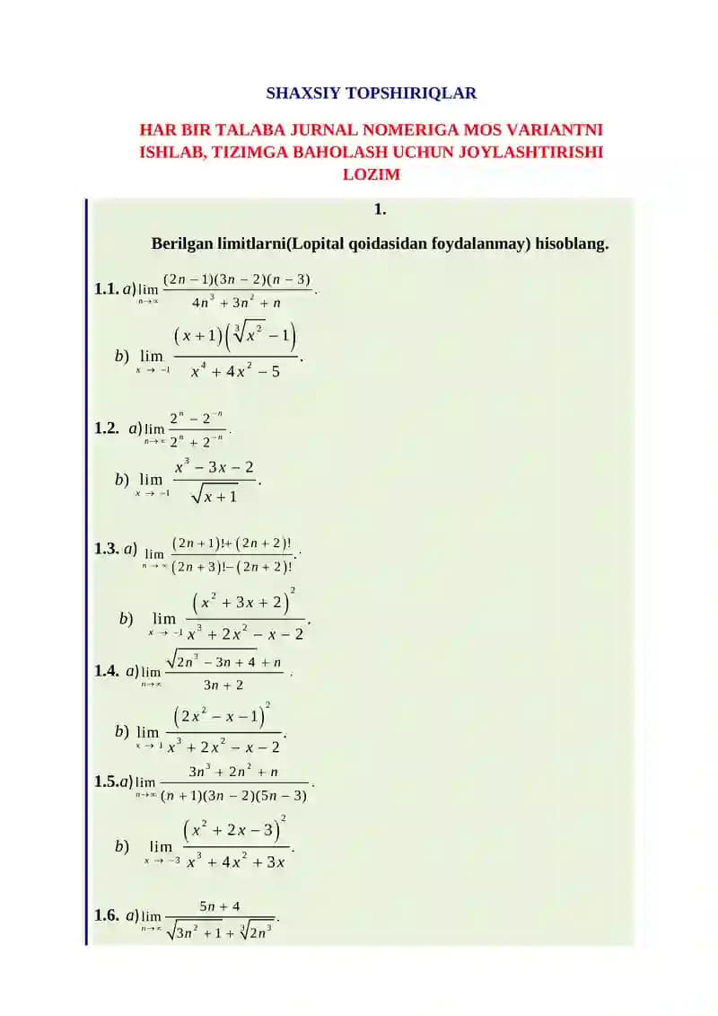 Hisob (Calculus) fanidan Mustaqil ish (Shaxsiy topshiriqlar) savollari
