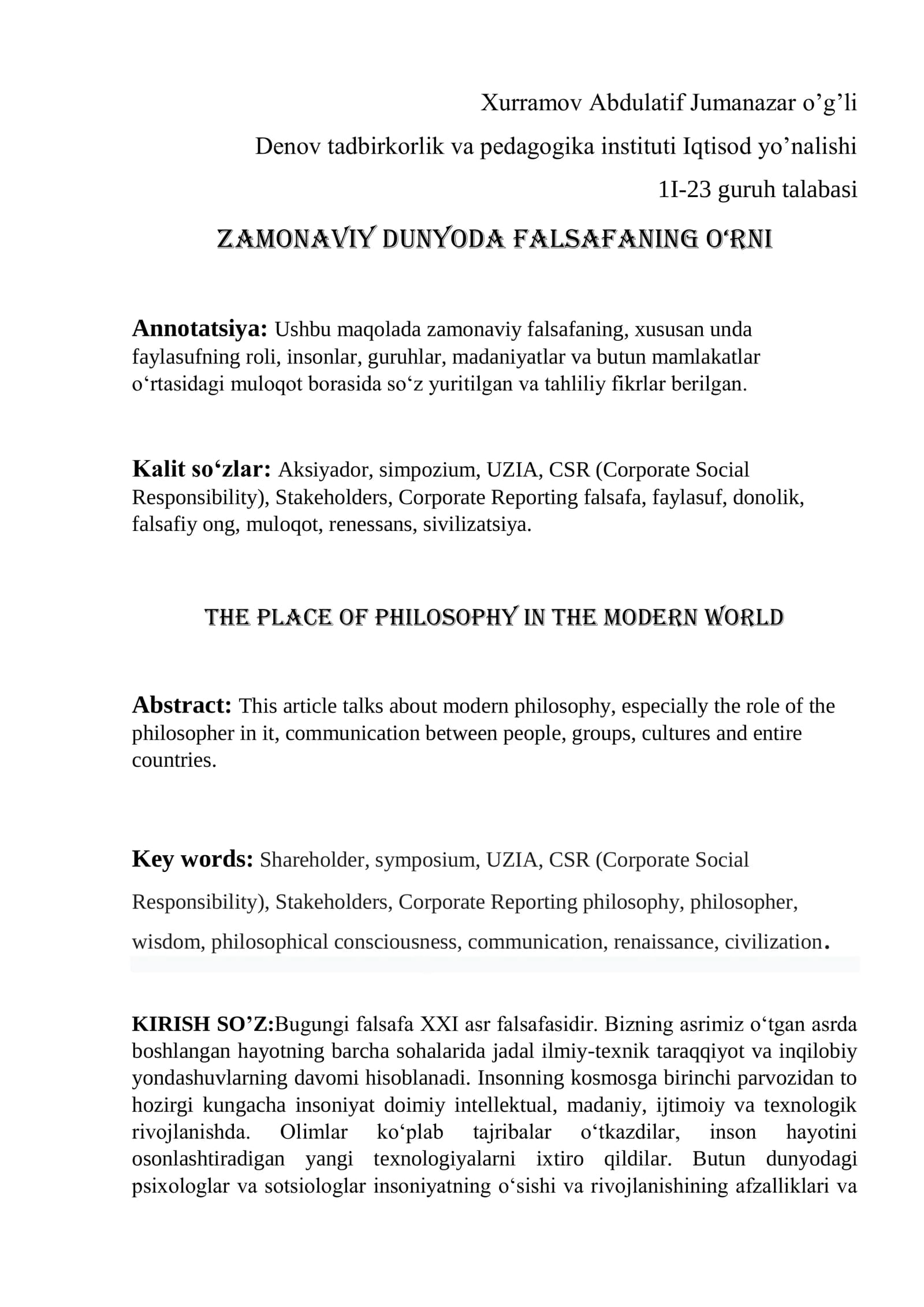 ZAMONAVIY DUNYODA FALSAFANING O‘RNI