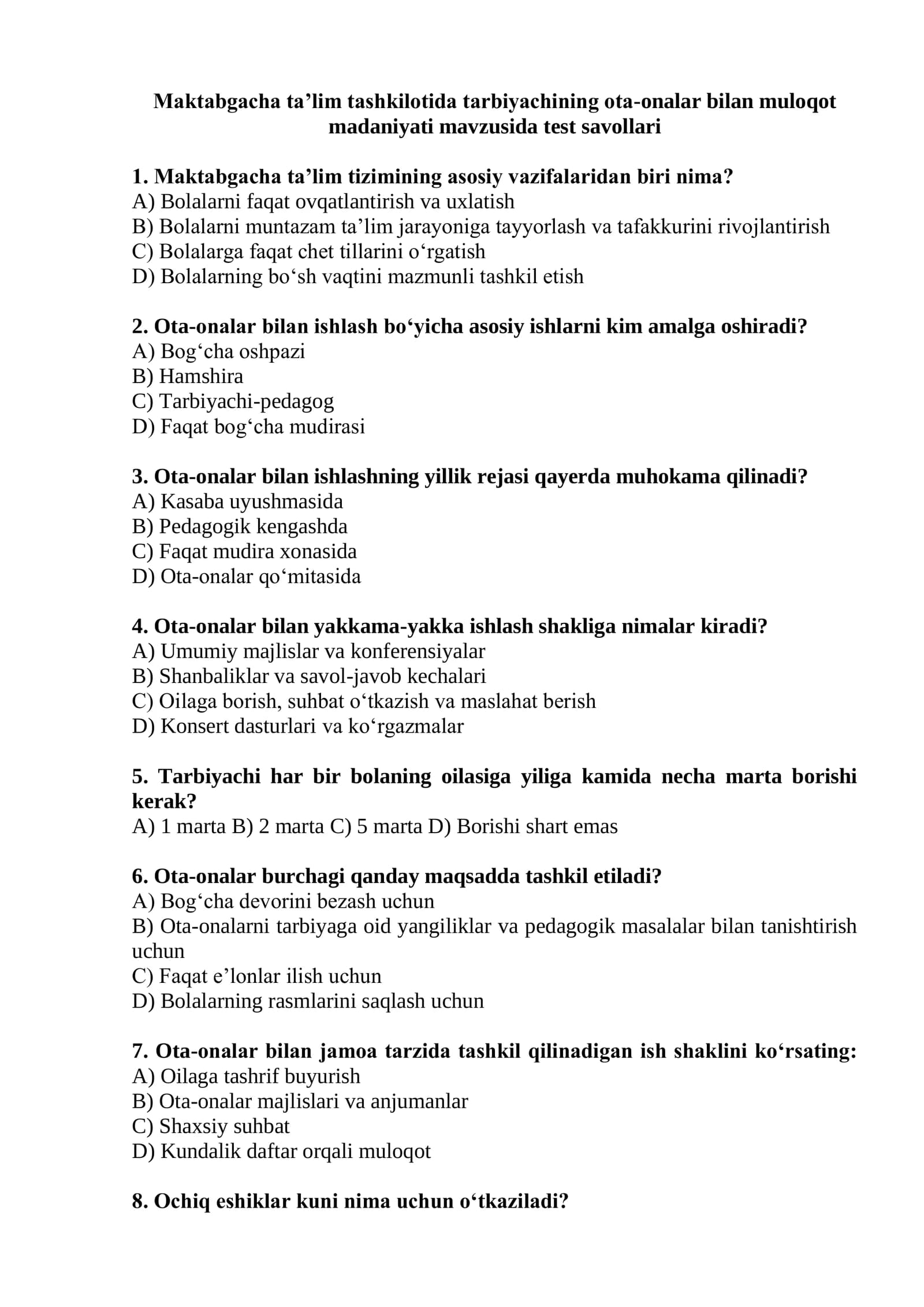 Maktabgacha ta’lim tashkilotida tarbiyachining ota-onalar bilan muloqot madaniyati