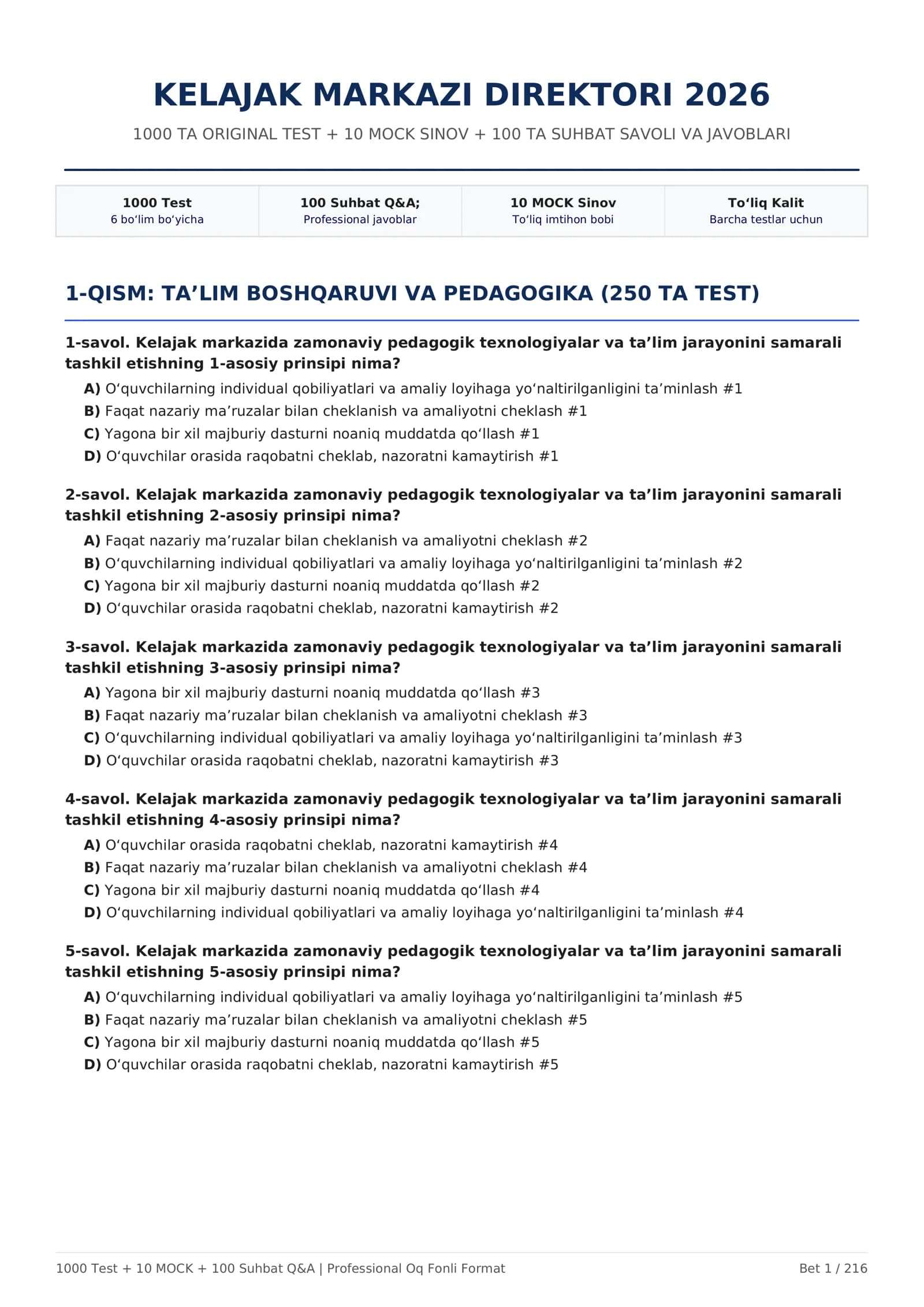 KELAJAK MARKAZI DIREKTORI 2026 — 1000 TEST + 10 MOCK + 100 SUHBAT