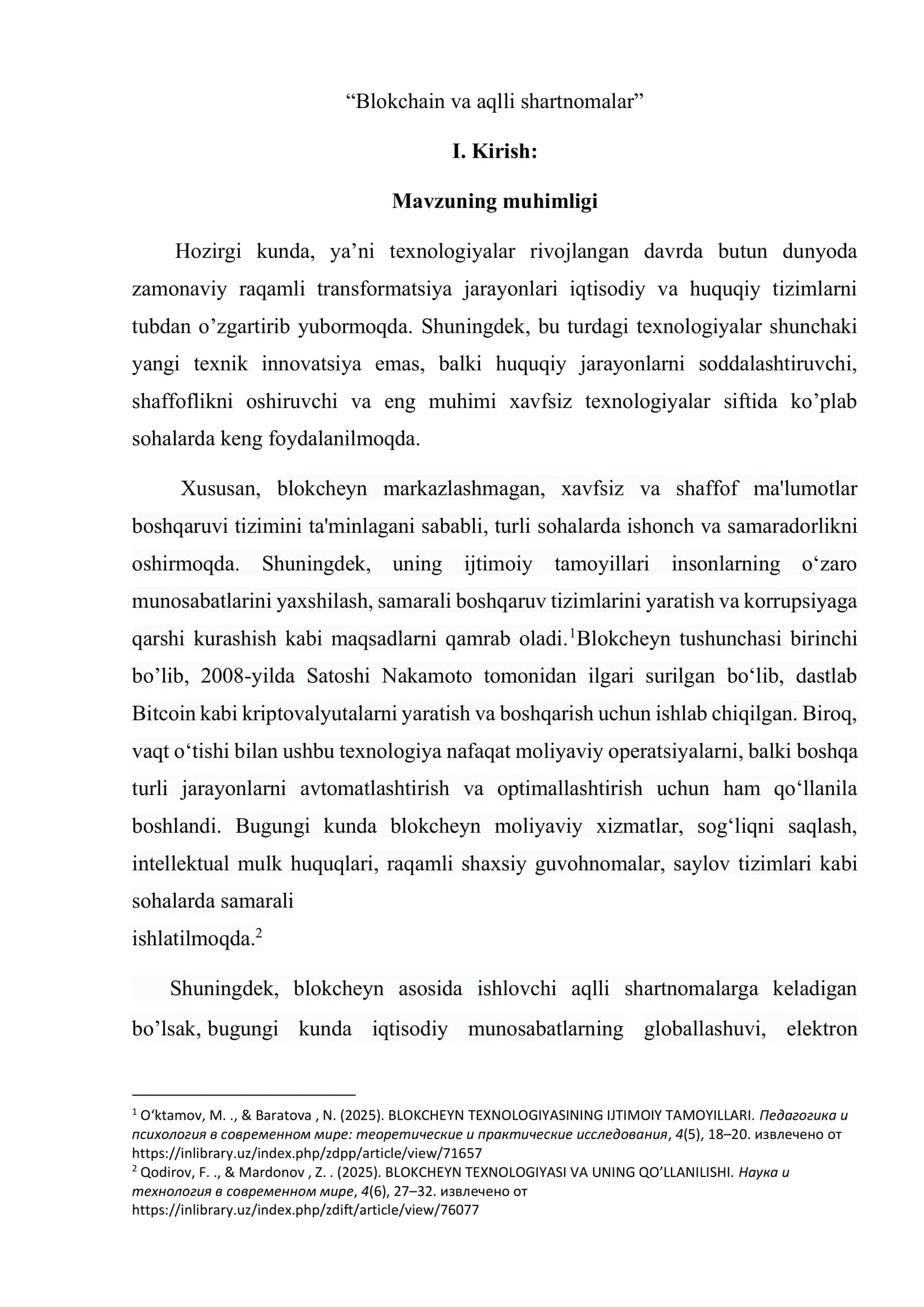 Blokcheyn va smart kontraktlar