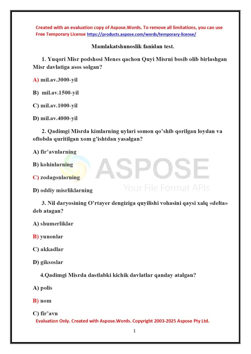 Mamlakatshunoslik fanidan test