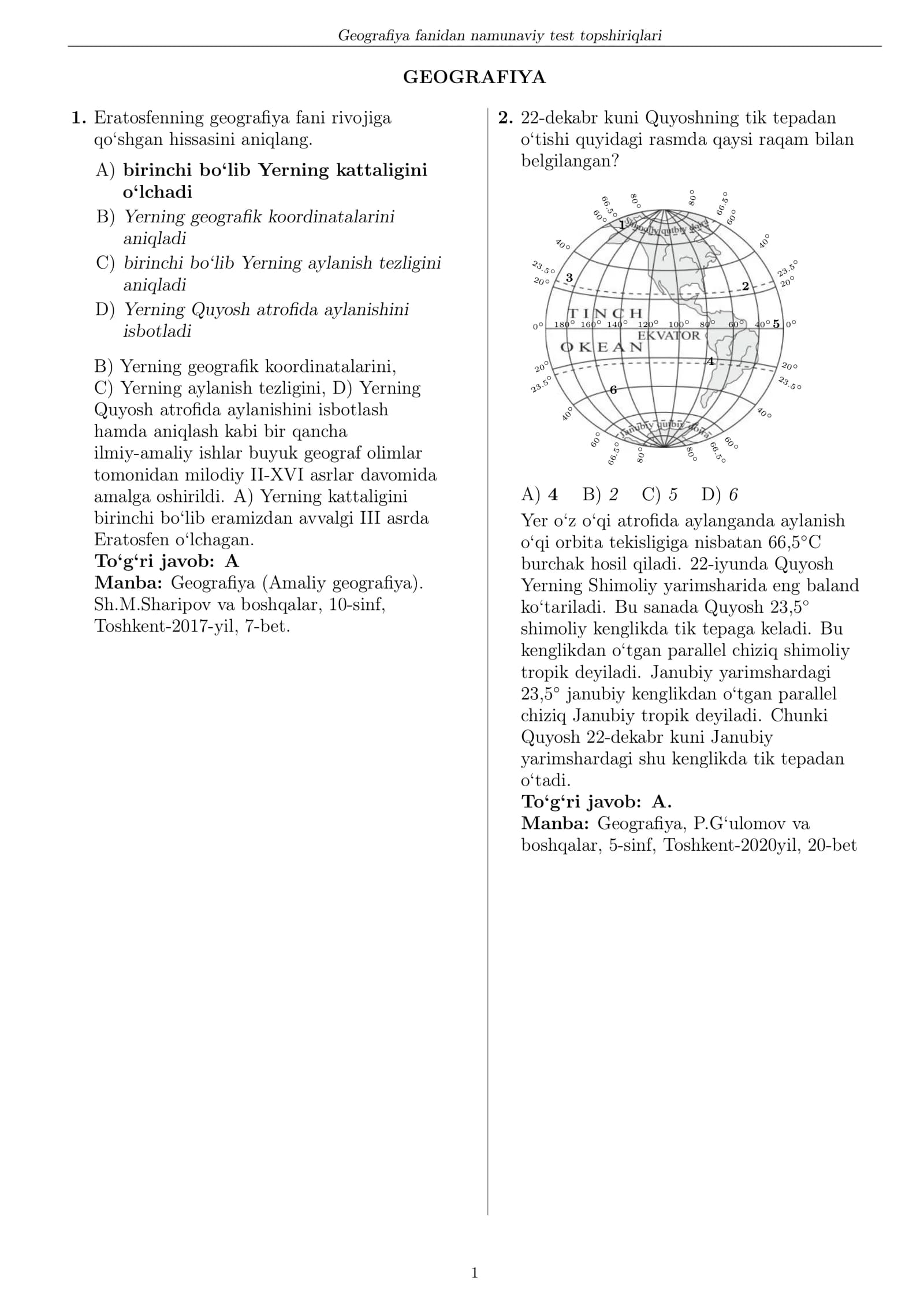 Geograﬁya fanidan namunaviy test topshiriqlari