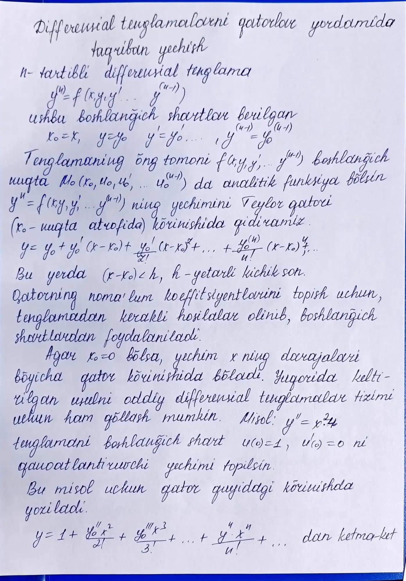 Differensial tenglamalarni qatorlar yordamida taqriban yechish