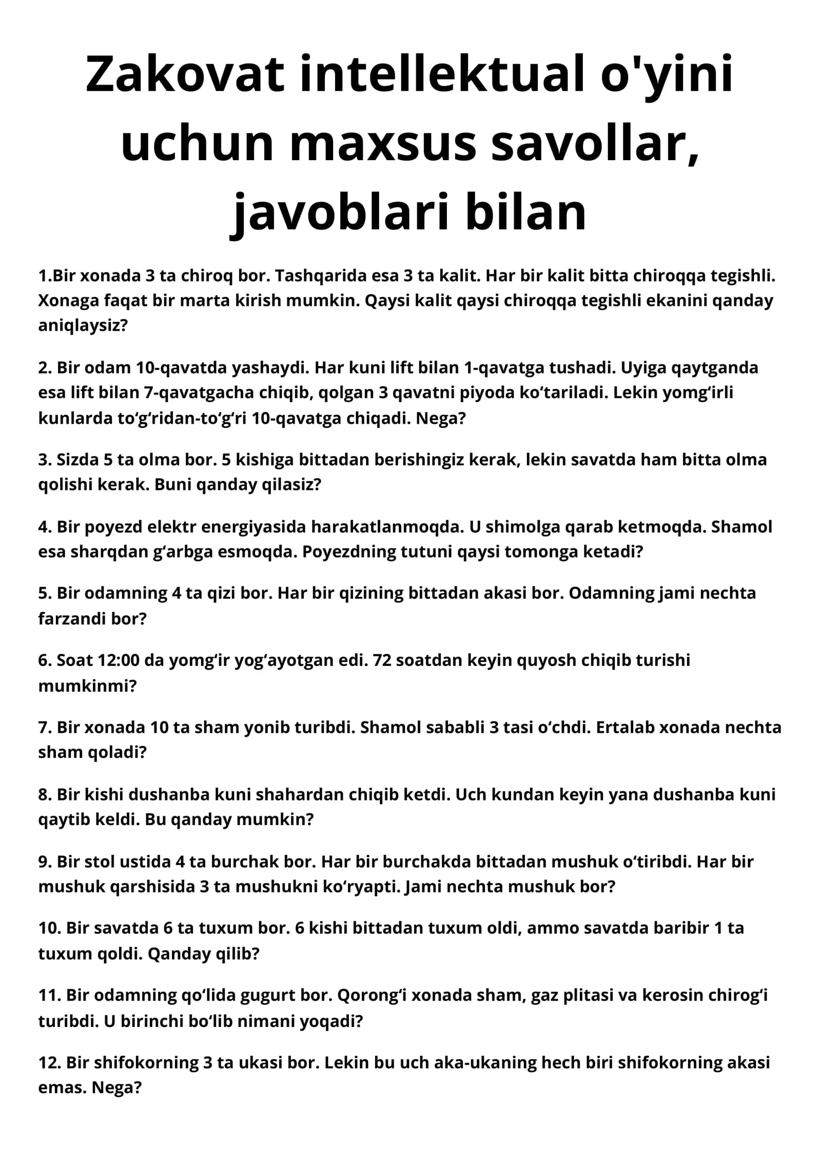 Zakovat intellektual o'yini uchun maxsus savollar, javoblari bilan