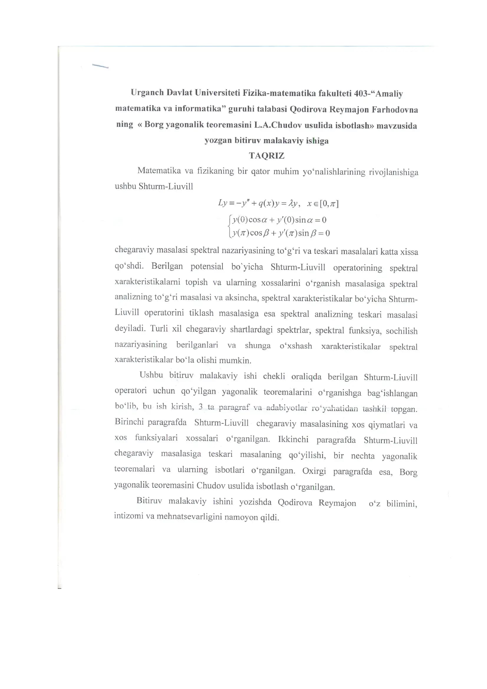 Borg yagonalik teoremasini L.A.Chudov usulida isbotlash