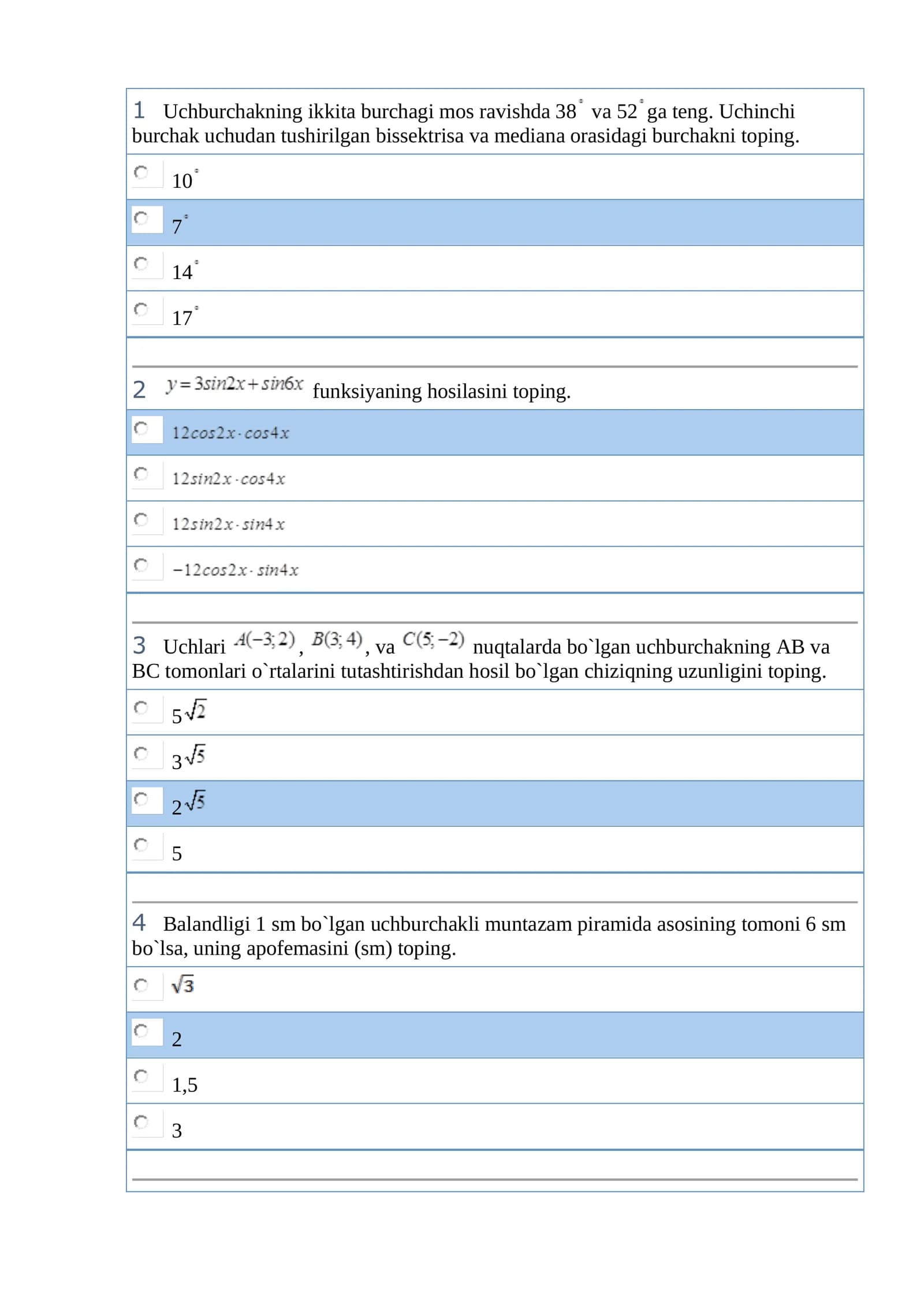 Matematika fanidan atestatsiya savollari va javoblari.