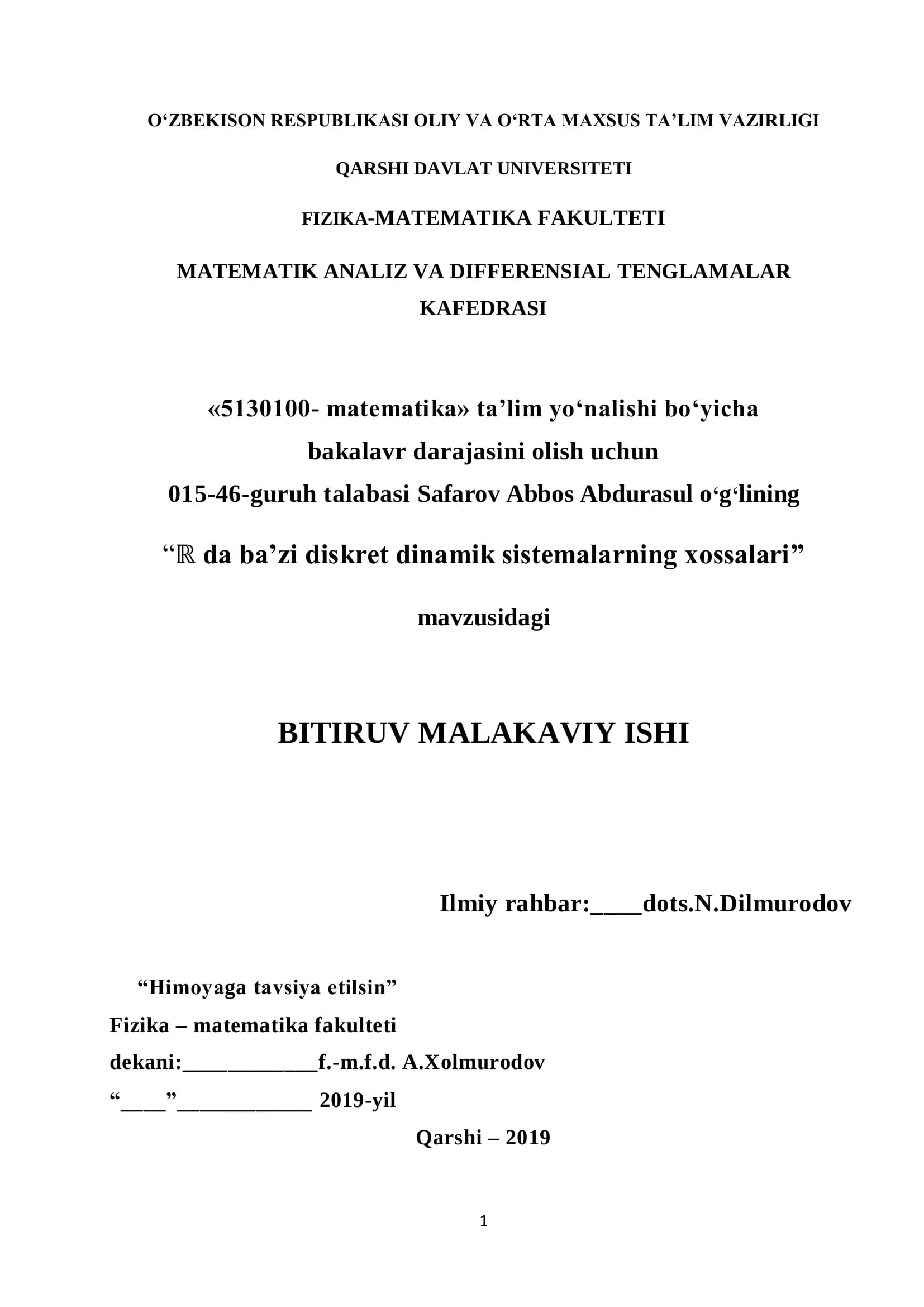 5130100- matematika - bakalavr darajasini olish uchun