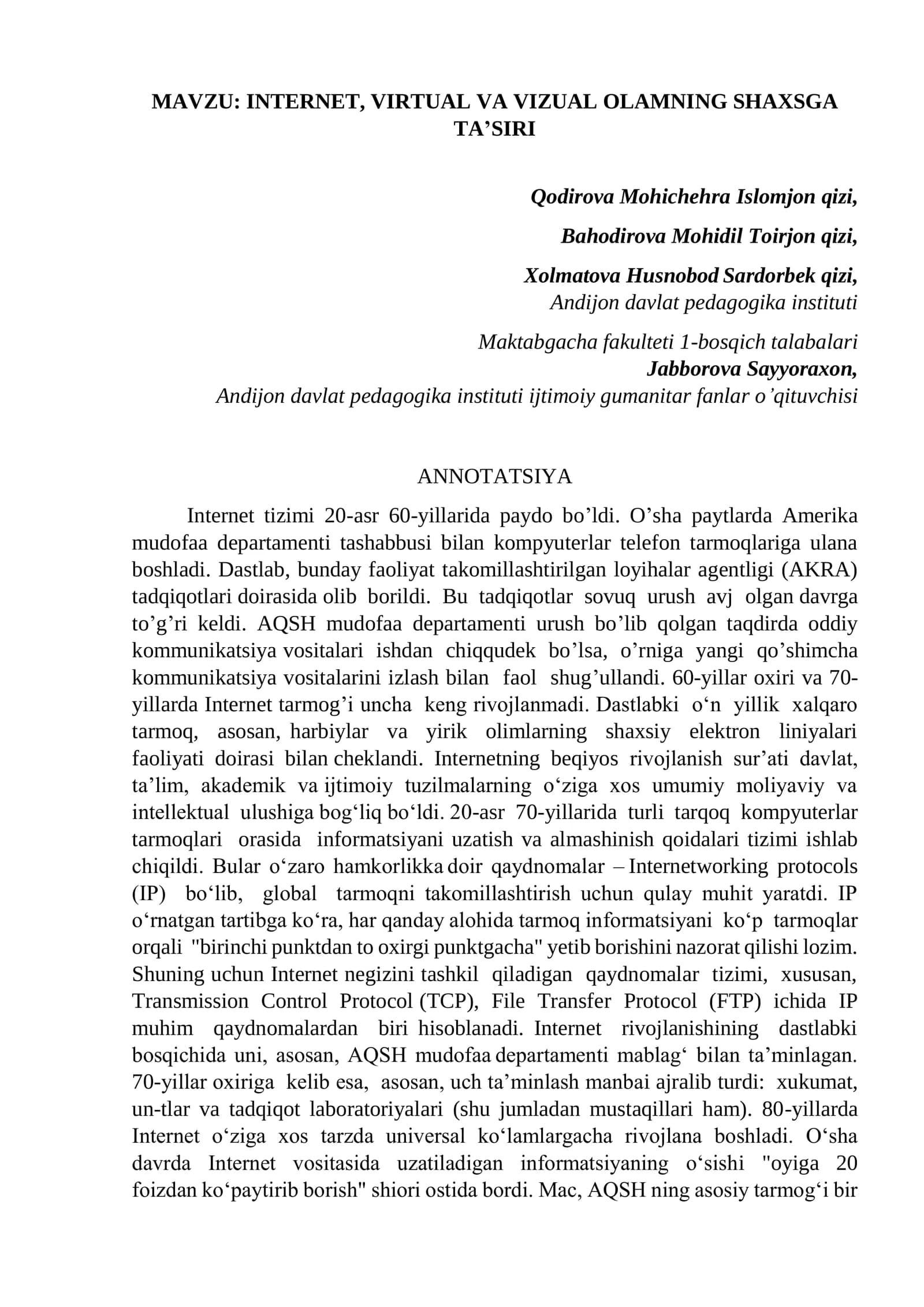INTERNET, VIRTUAL VA VIZUAL OLAMNING SHAXSGA TA’SIRI