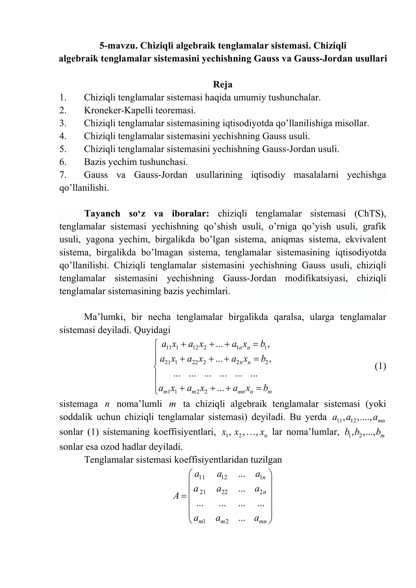 Chiziqli algebraik tenglamalar sistemasi
