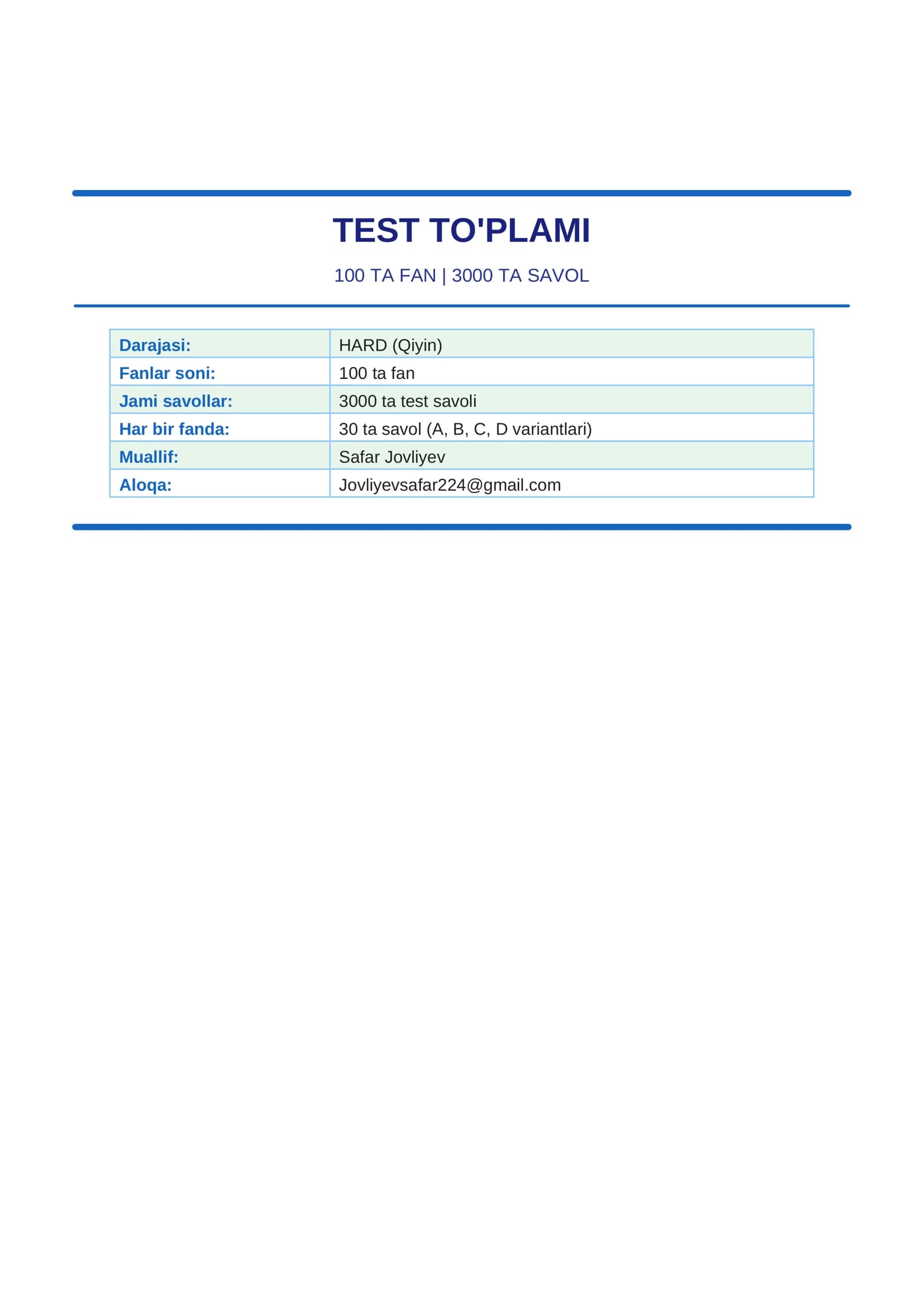 BARCHA FANLARDAN TEST TO'PLAMI
