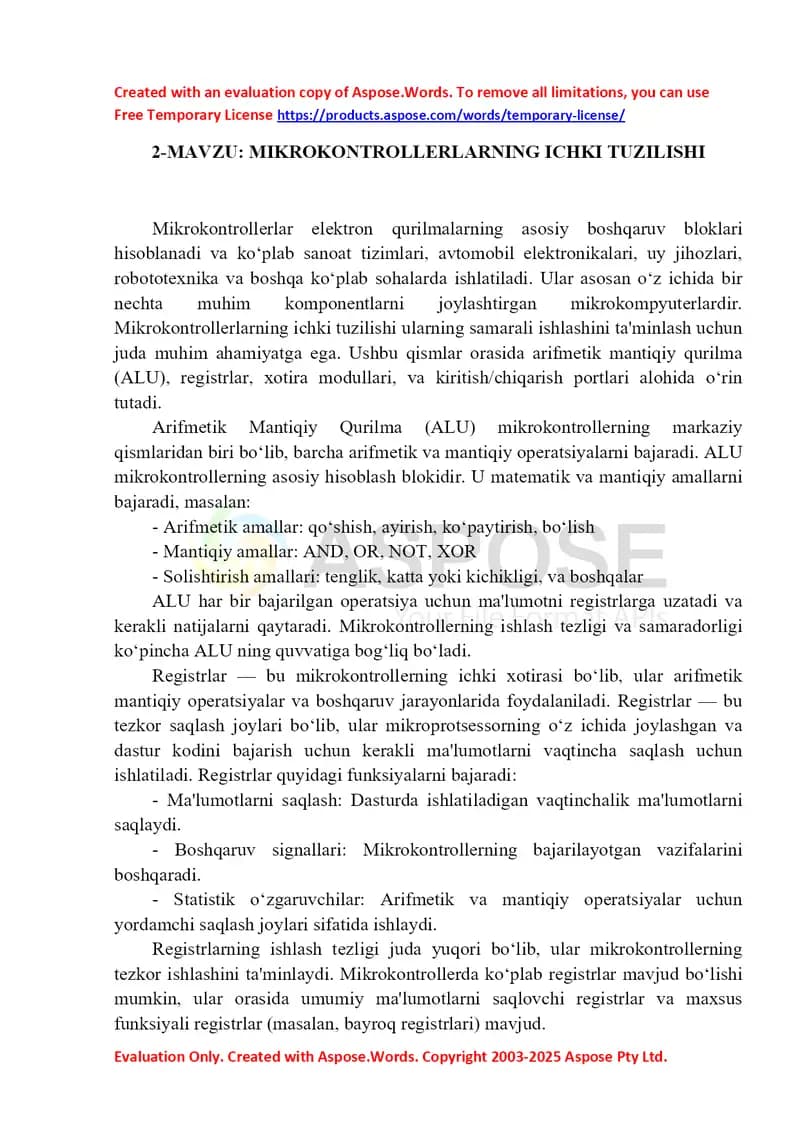 Mikrokontrollerlarning ichki tuzilishi