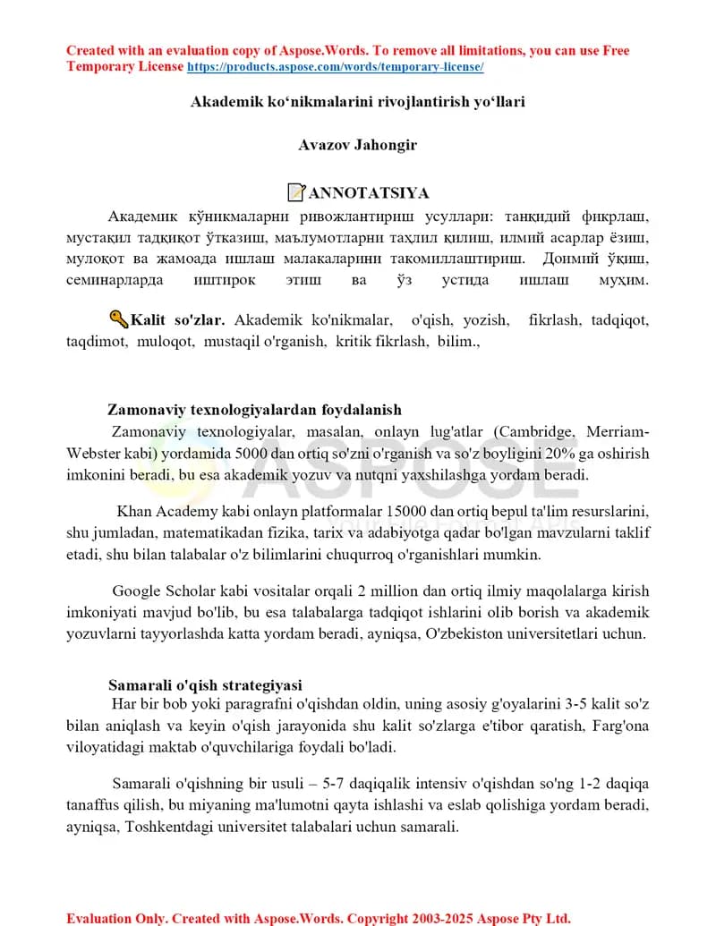 Akademik koʻnikmalarini rivojlantirish yoʻllari