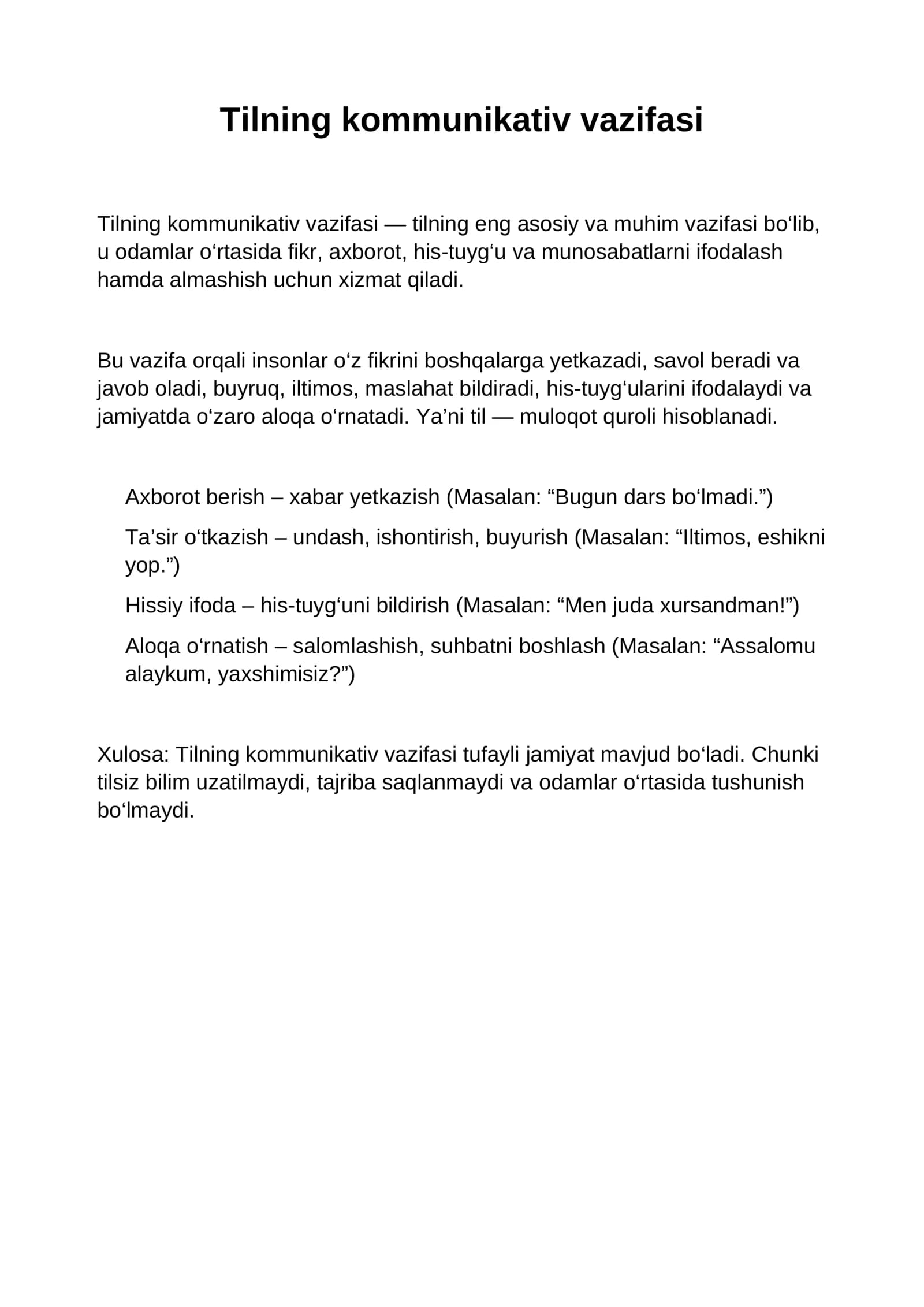 tilning kommunikativ vazifasi