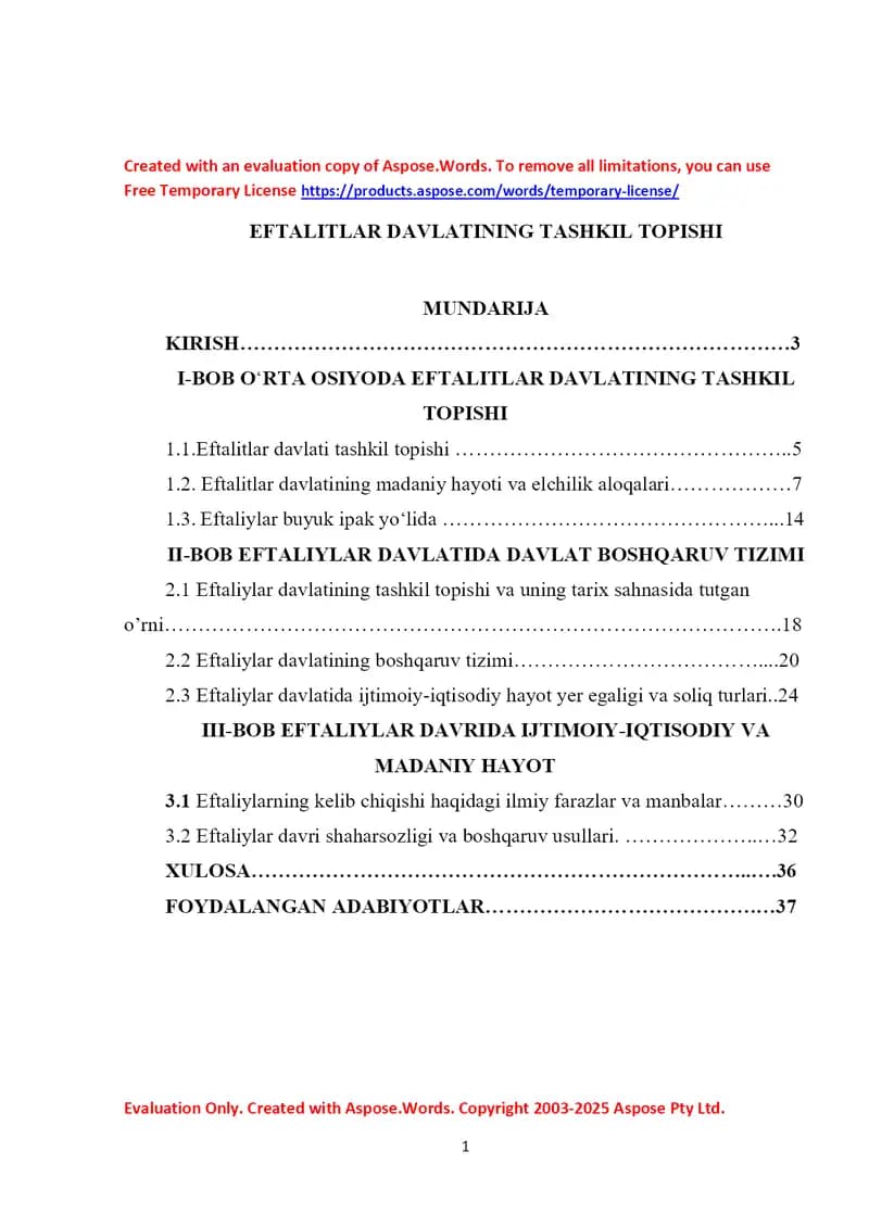 Kurs ishi: Eftaliylar davlatining tashkil topishi