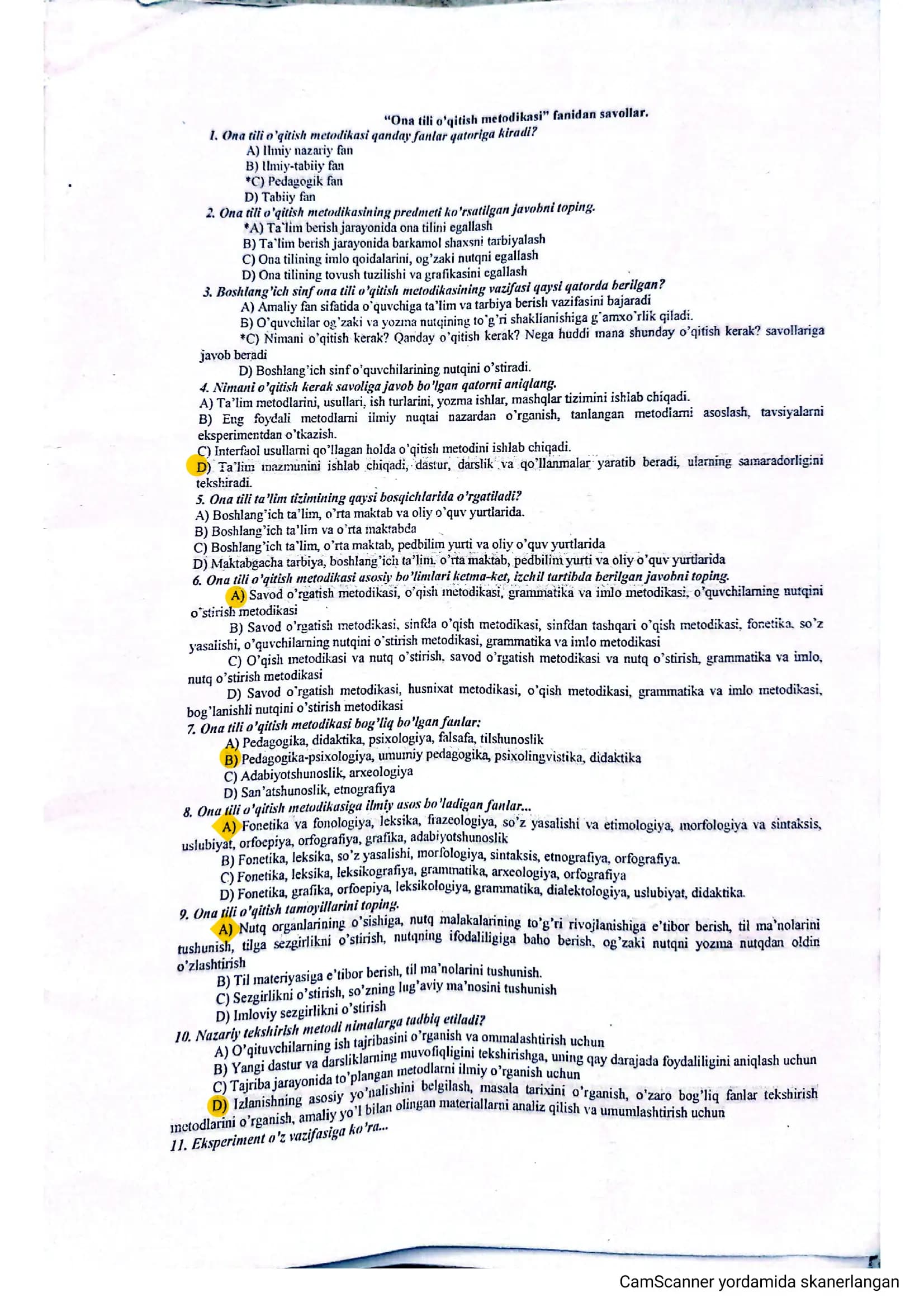 Boshlangʻich taʼlimdan test savollari va javoblari bilan