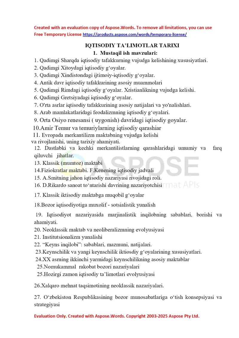 IQTISODIY TA’LIMOTLAR TARIXI