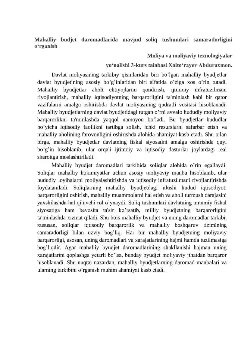 Mahalliy budjet daromadlarida soliq tushumlari