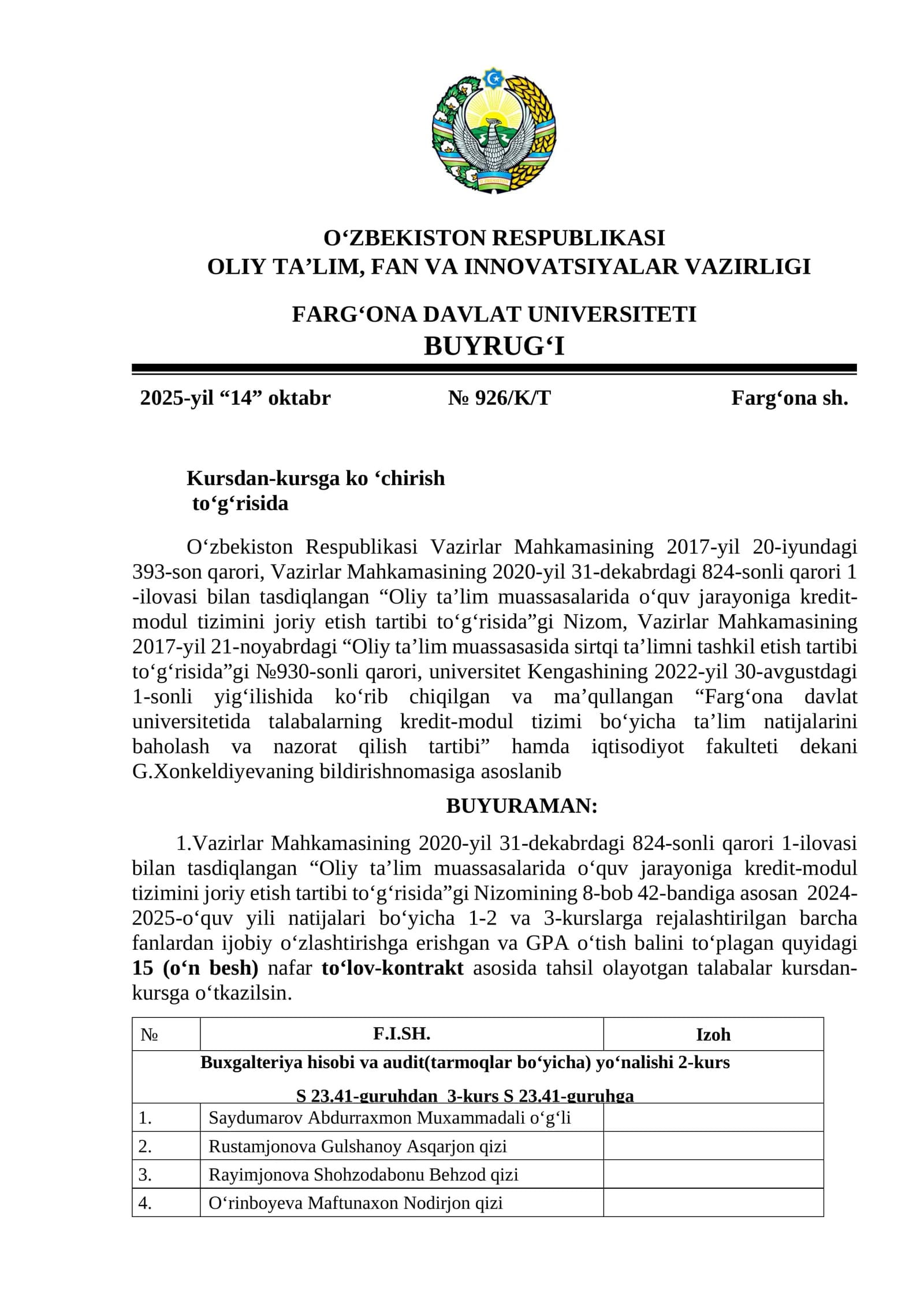 Farg‘ona davlat universitetida talabalarning kredit-modul tizimi bo‘yicha ta’lim natijalarini baholash va nazorat qilish tartibi