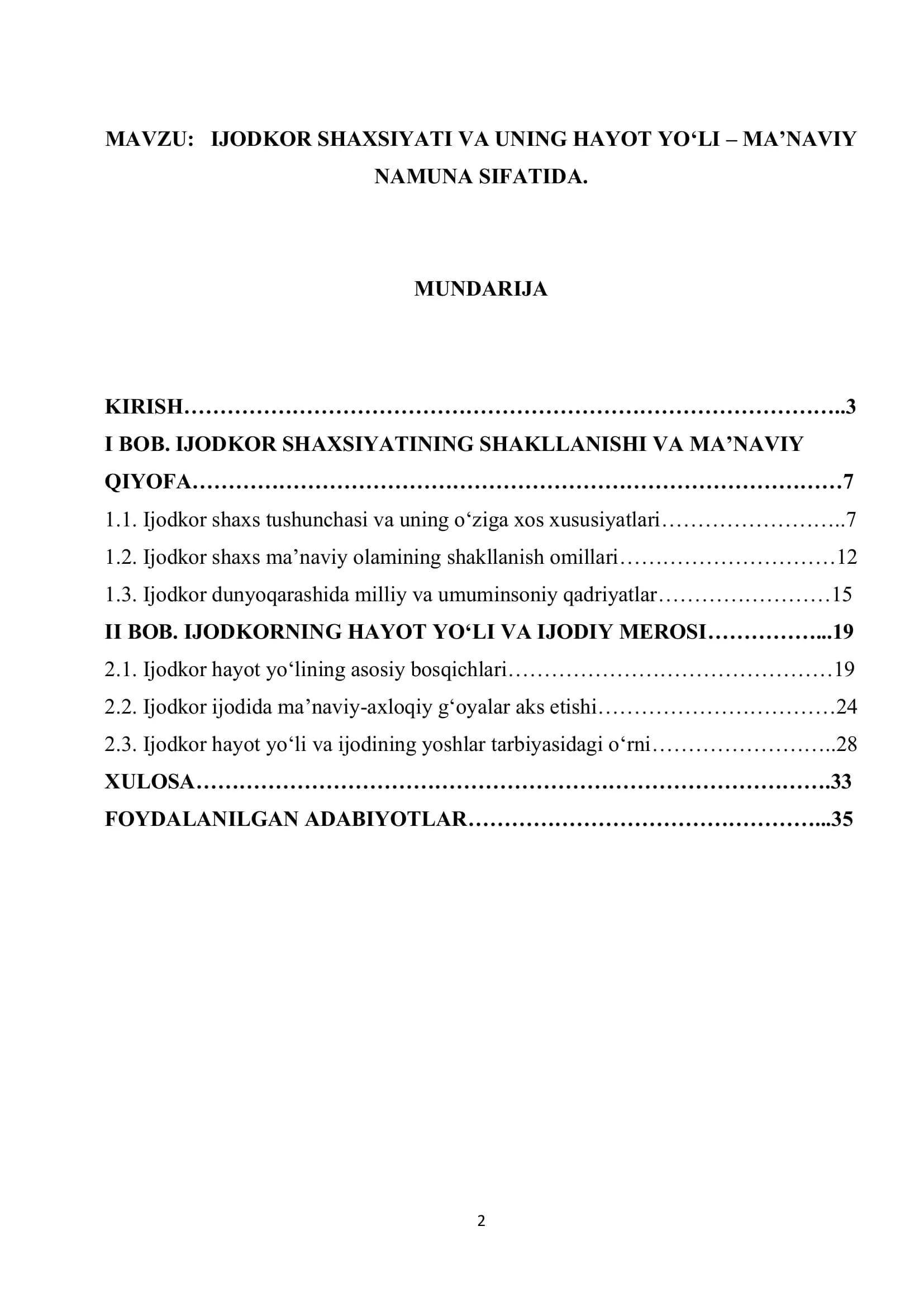 IJODKOR SHAXSIYATI VA UNING HAYOT YO‘LI – MA’NAVIY