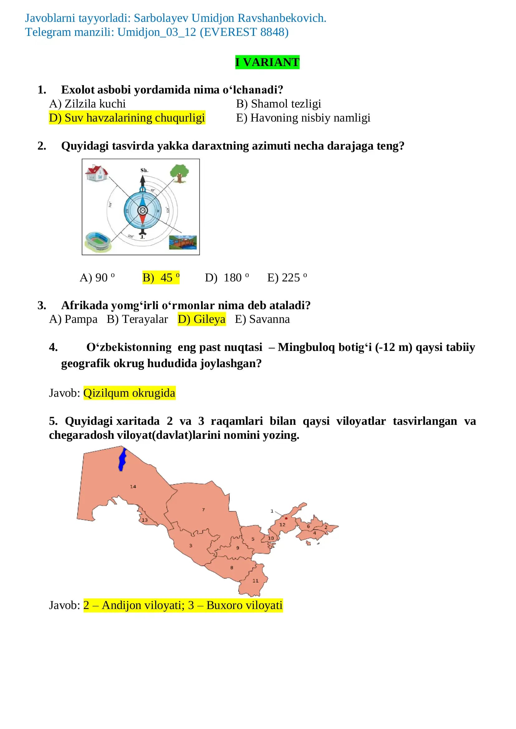 Geografiya savollar