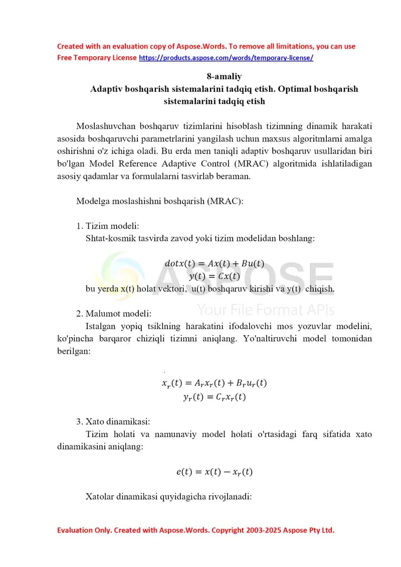 Adaptiv boshqarish sistemalarini tadqiq etish