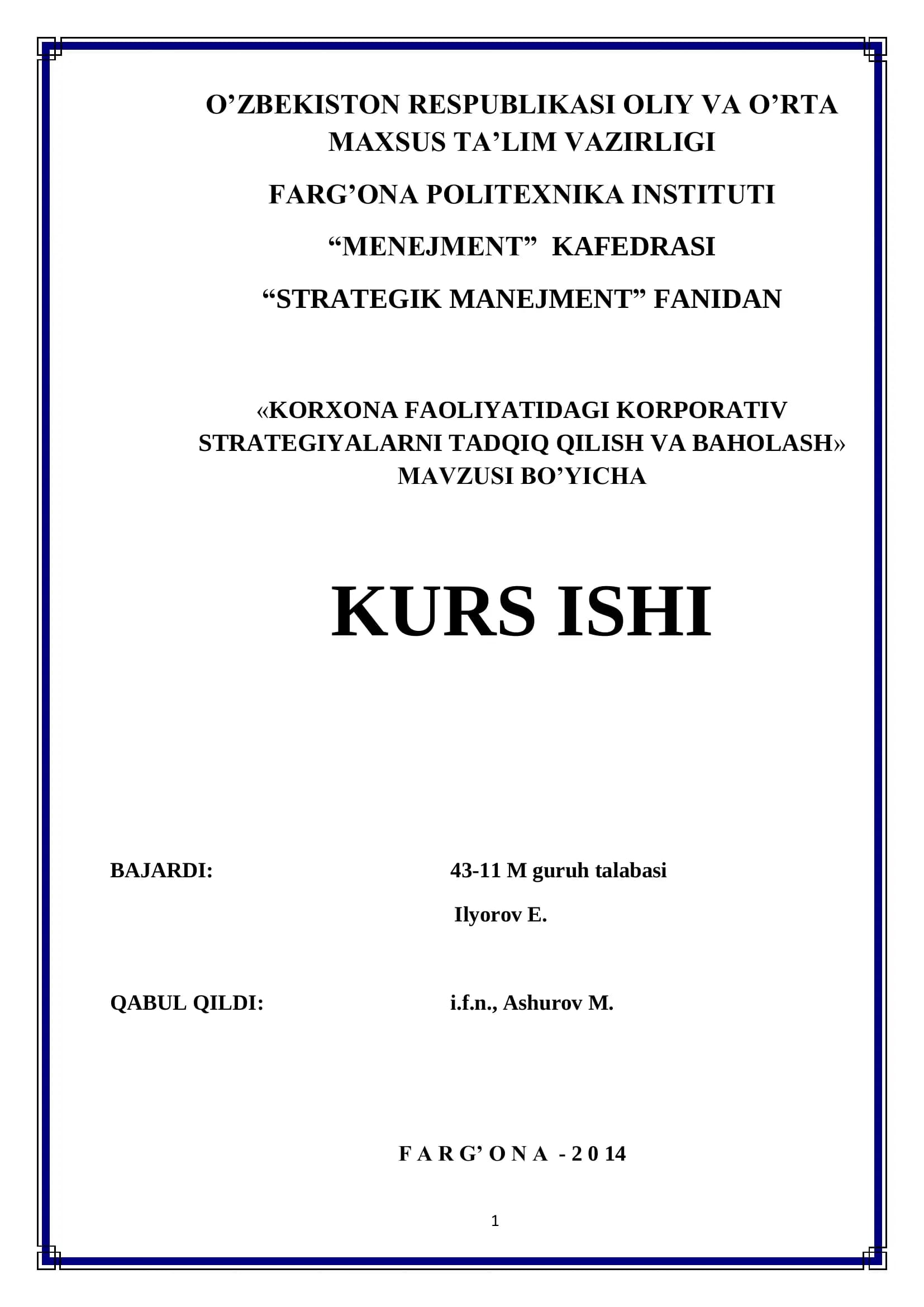 Kurs Ishi "Strategik Manijment"