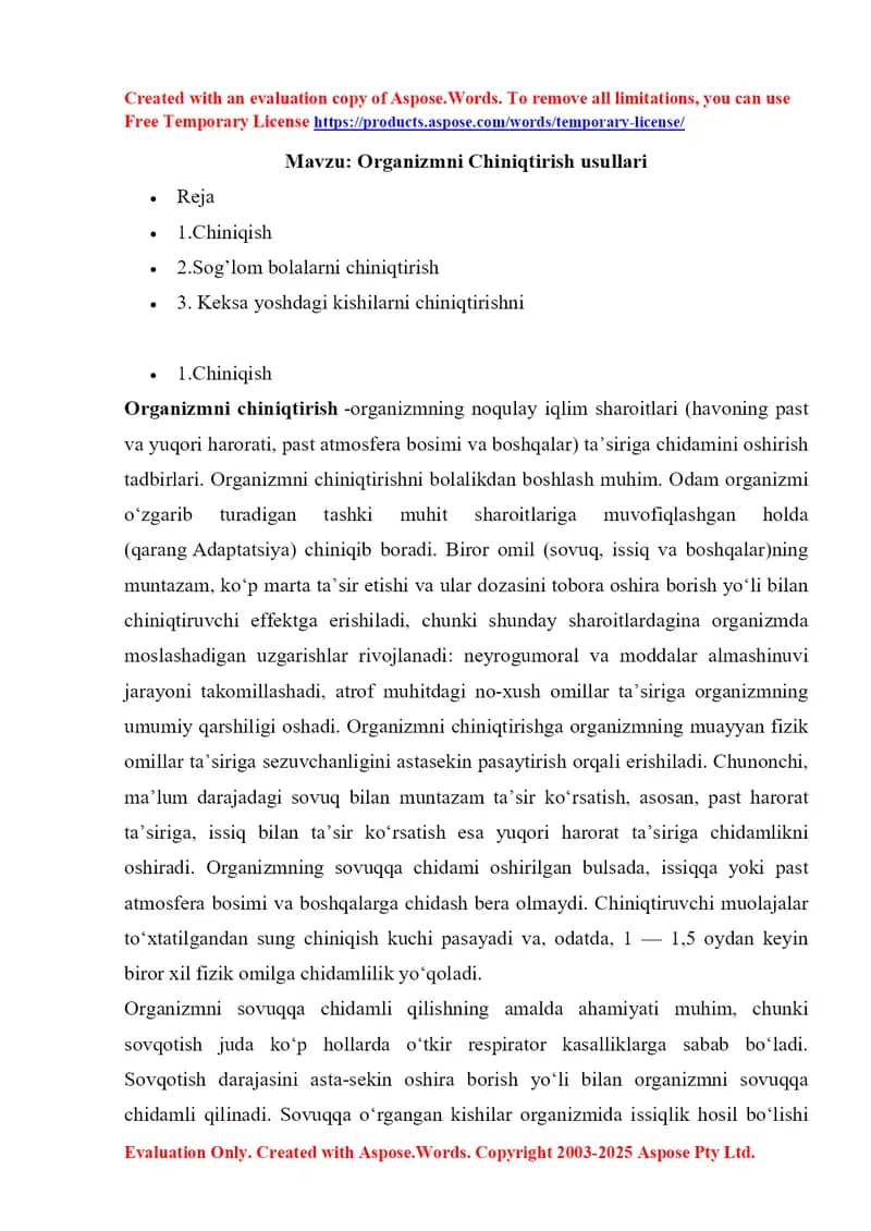 Organizmni Chiniqtirish usullari
