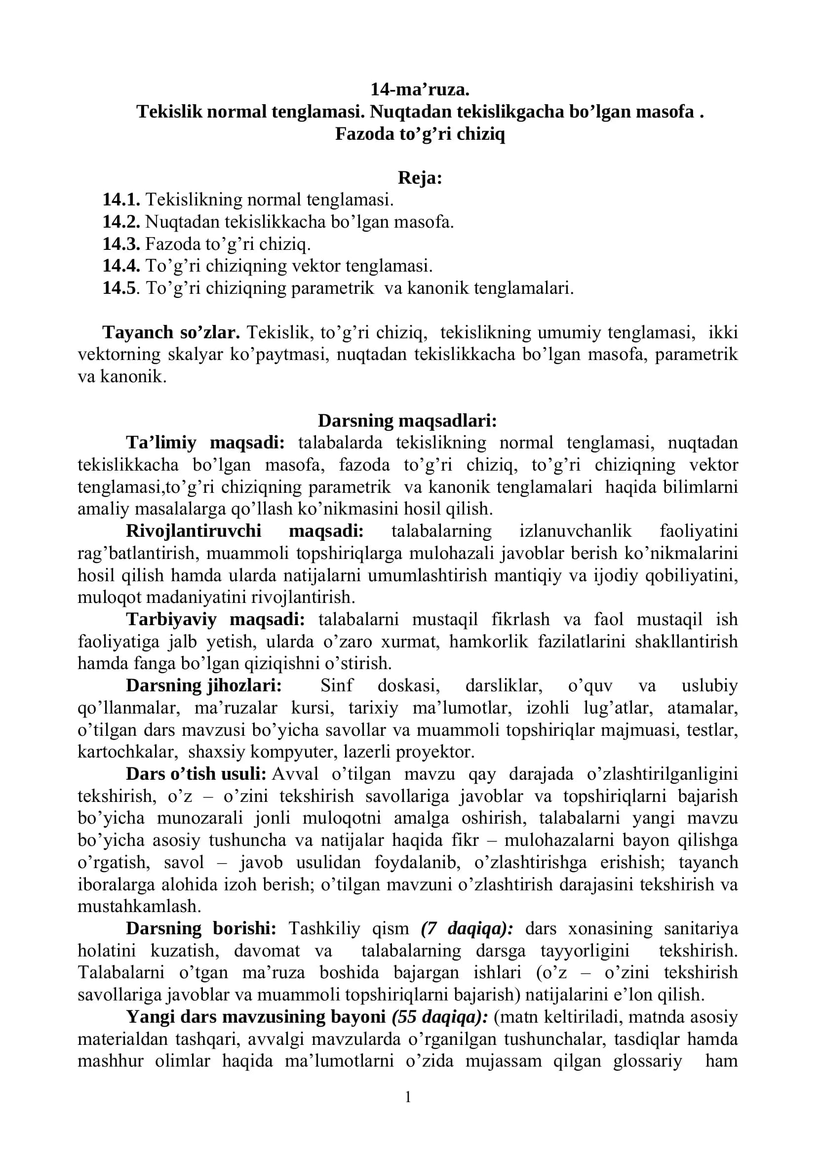 Oliy matematika: tekislik normal tenglamasi va fazoda to‘g‘ri chiziq (PDF)
