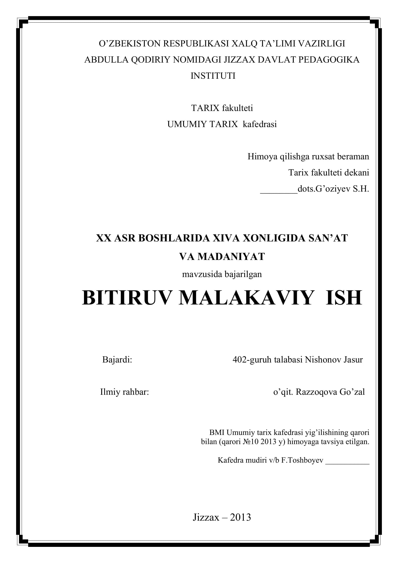 XX ASR BOSHLARIDA XIVA XONLIGIDA SAN’AT VA MADANIYAT