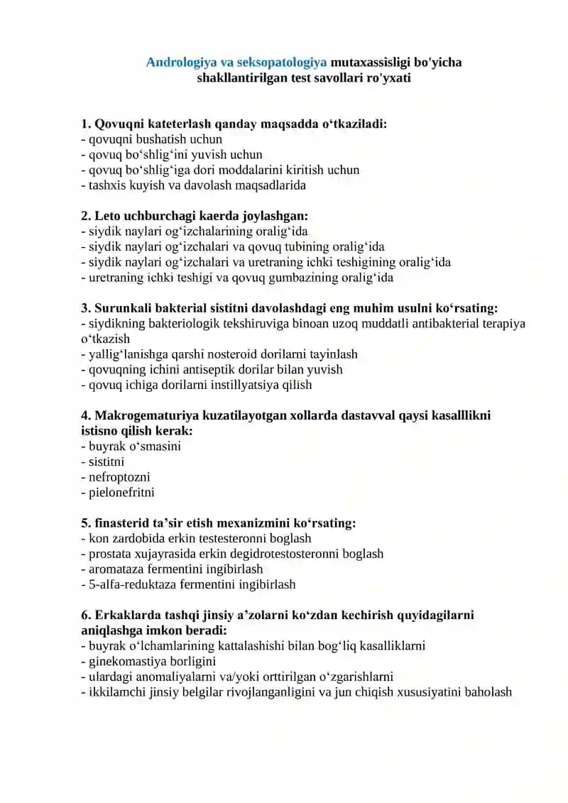 Andrologiya va seksopatologiya mutaxassisligi test savollari