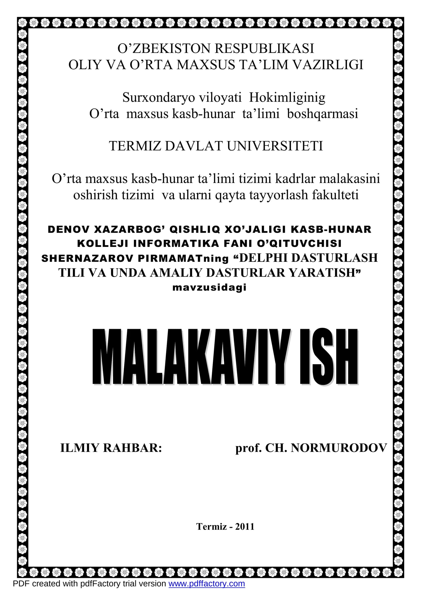 DELPHI DASTURLASH TILI VA UNDA AMALIY DASTURLAR YARATISH