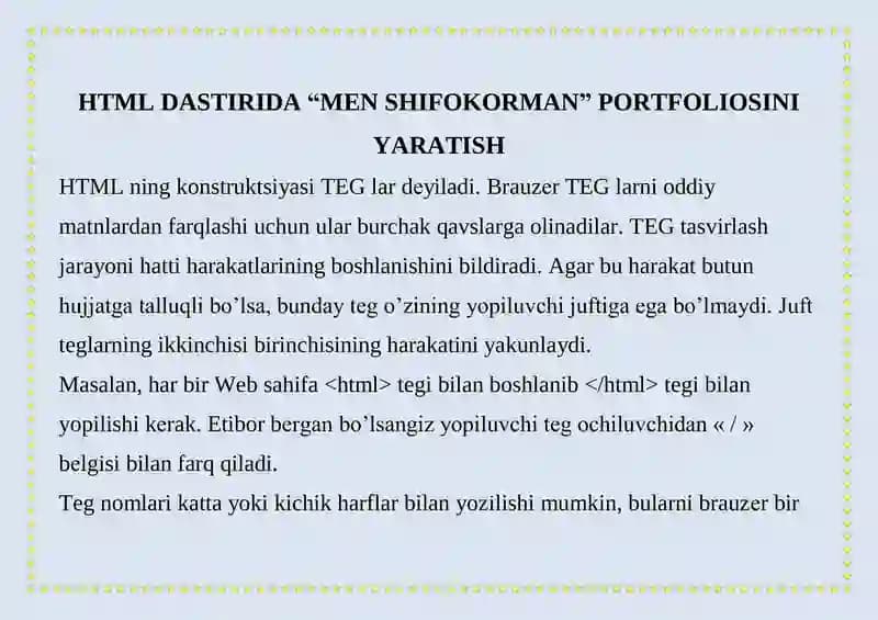 HTML DASTIRIDA “MEN SHIFOKORMAN” PORTFOLIOSINI YARATISH