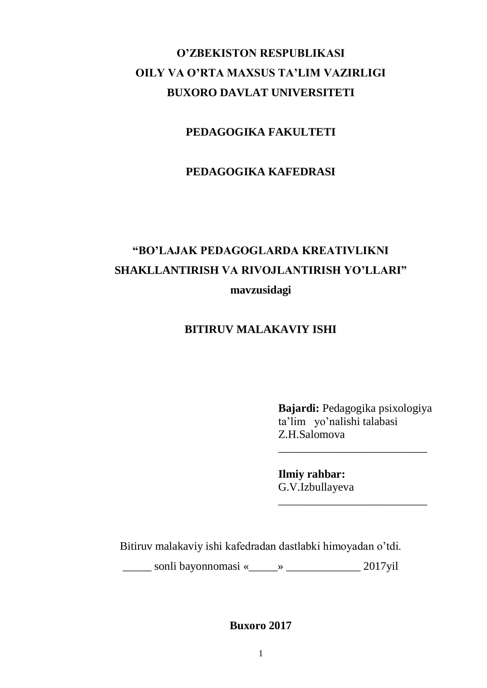 BO‟LAJAK PEDAGOGLARDA KREATIVLIKNI SHAKLLANTIRISH VA RIVOJLANTIRISH YO‟LLARI