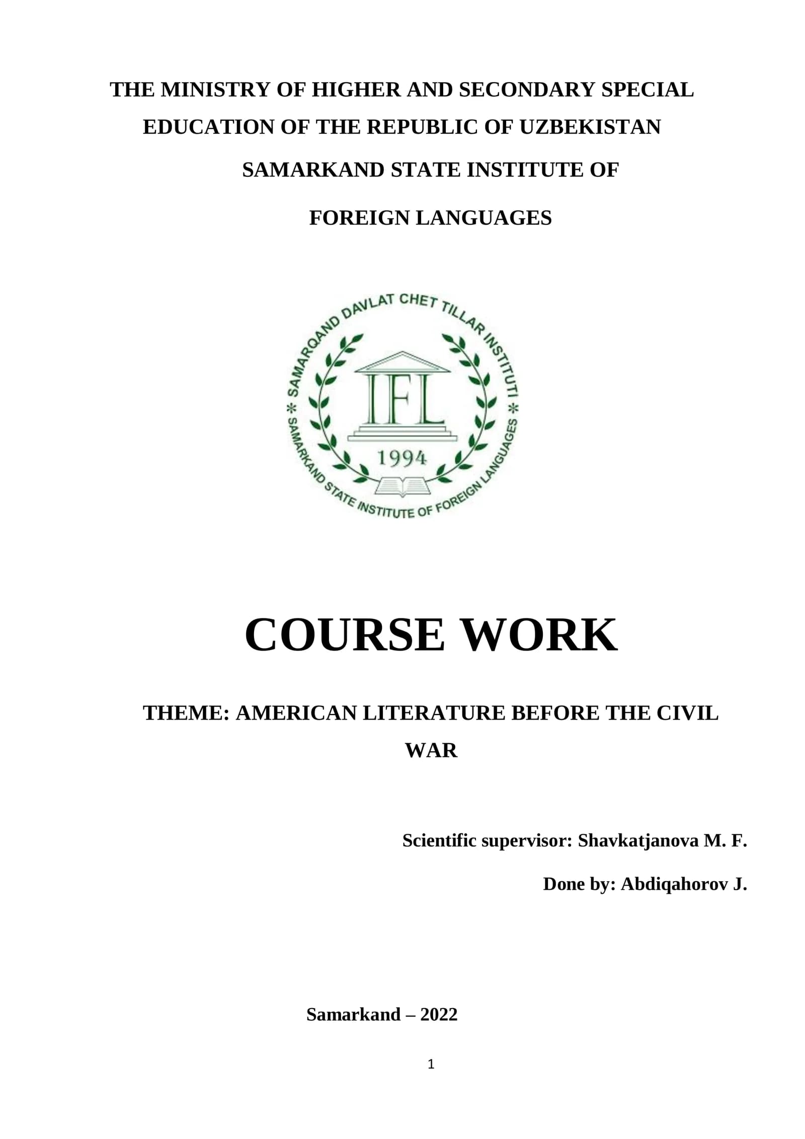 Course Work on American Literature Before the Civil War