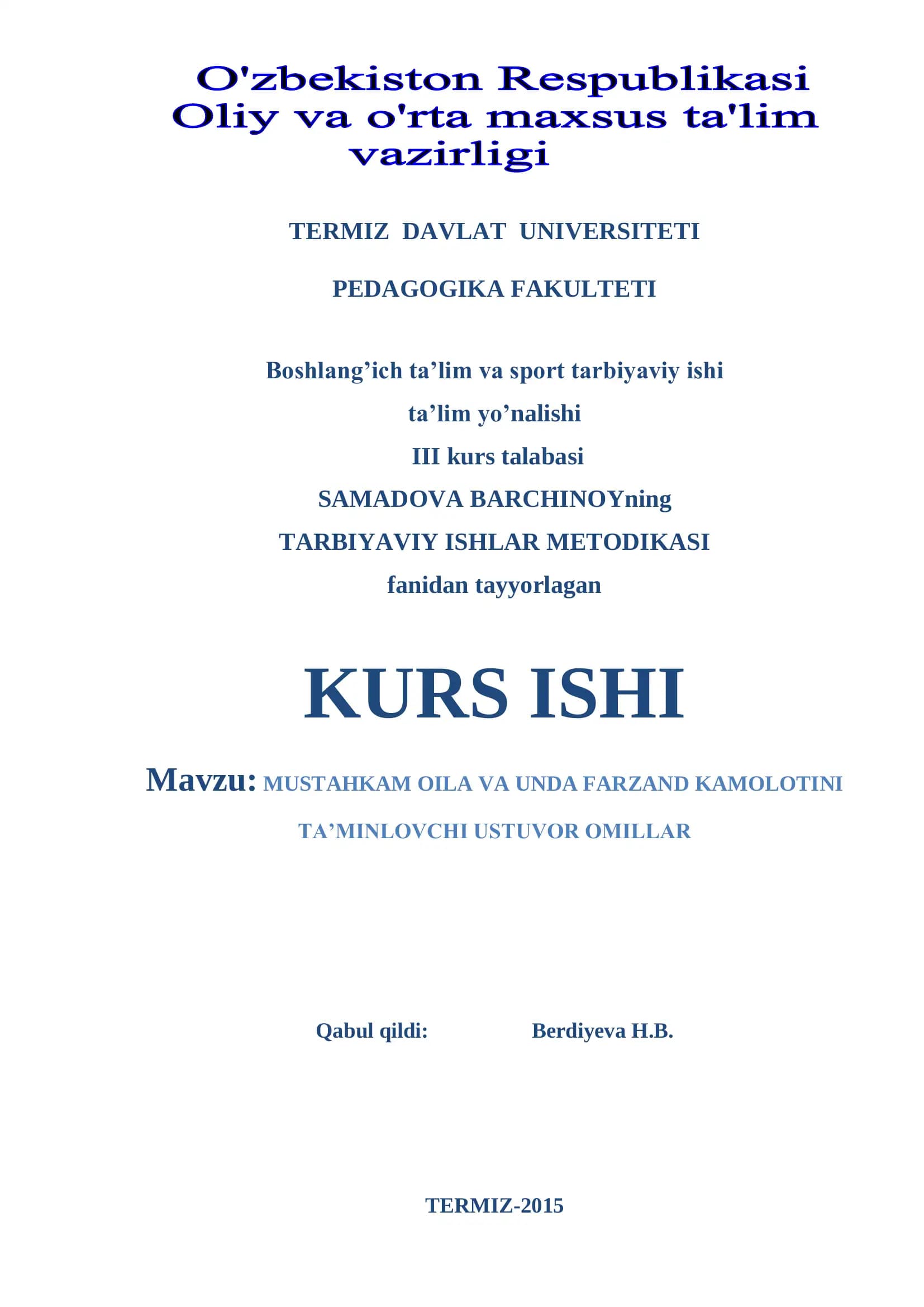 TARBIYAVIY ISHLAR METODIKASI KURS ISHI