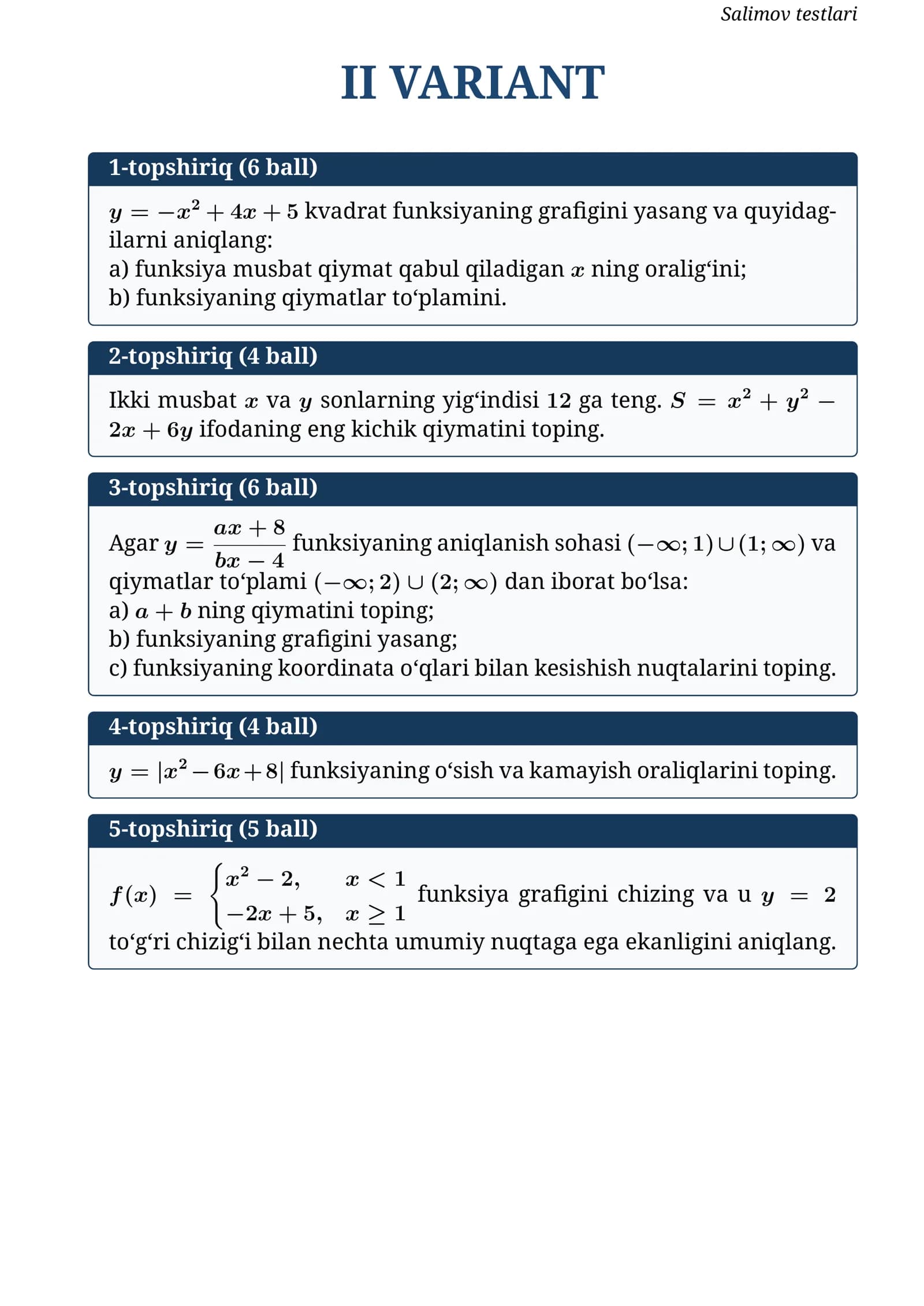 Matematika testlari