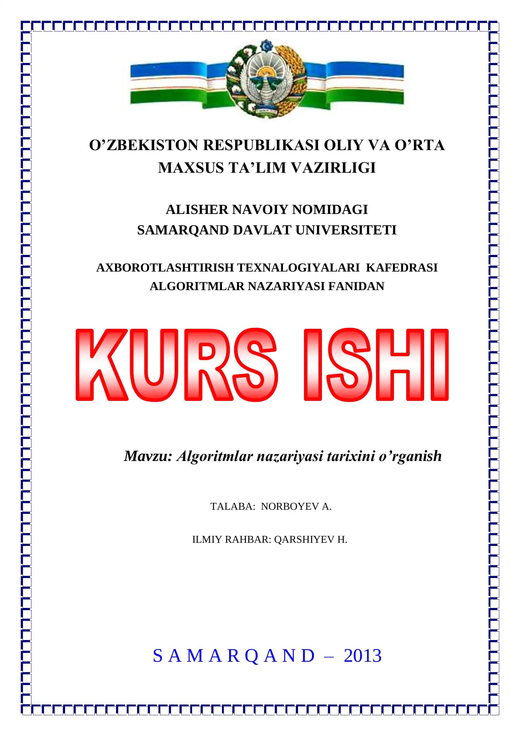 Algoritmlar nazariyasi tarixini o’rganish