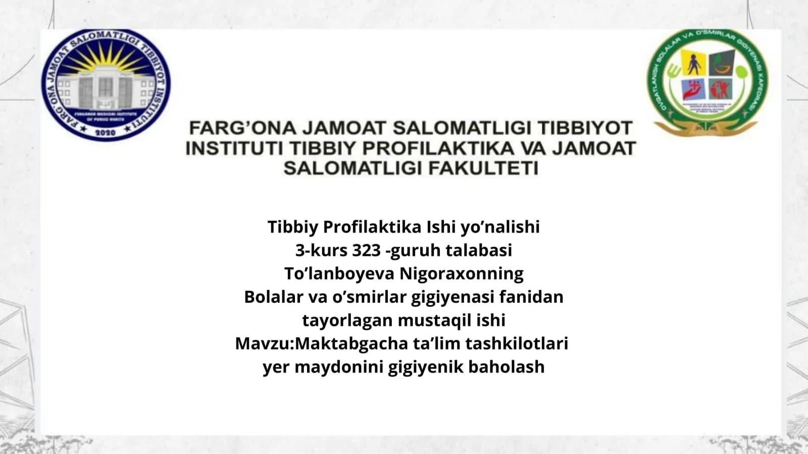 Maktabgacha talim tashkilotlarini yer maydonini gigiyenik baxolash